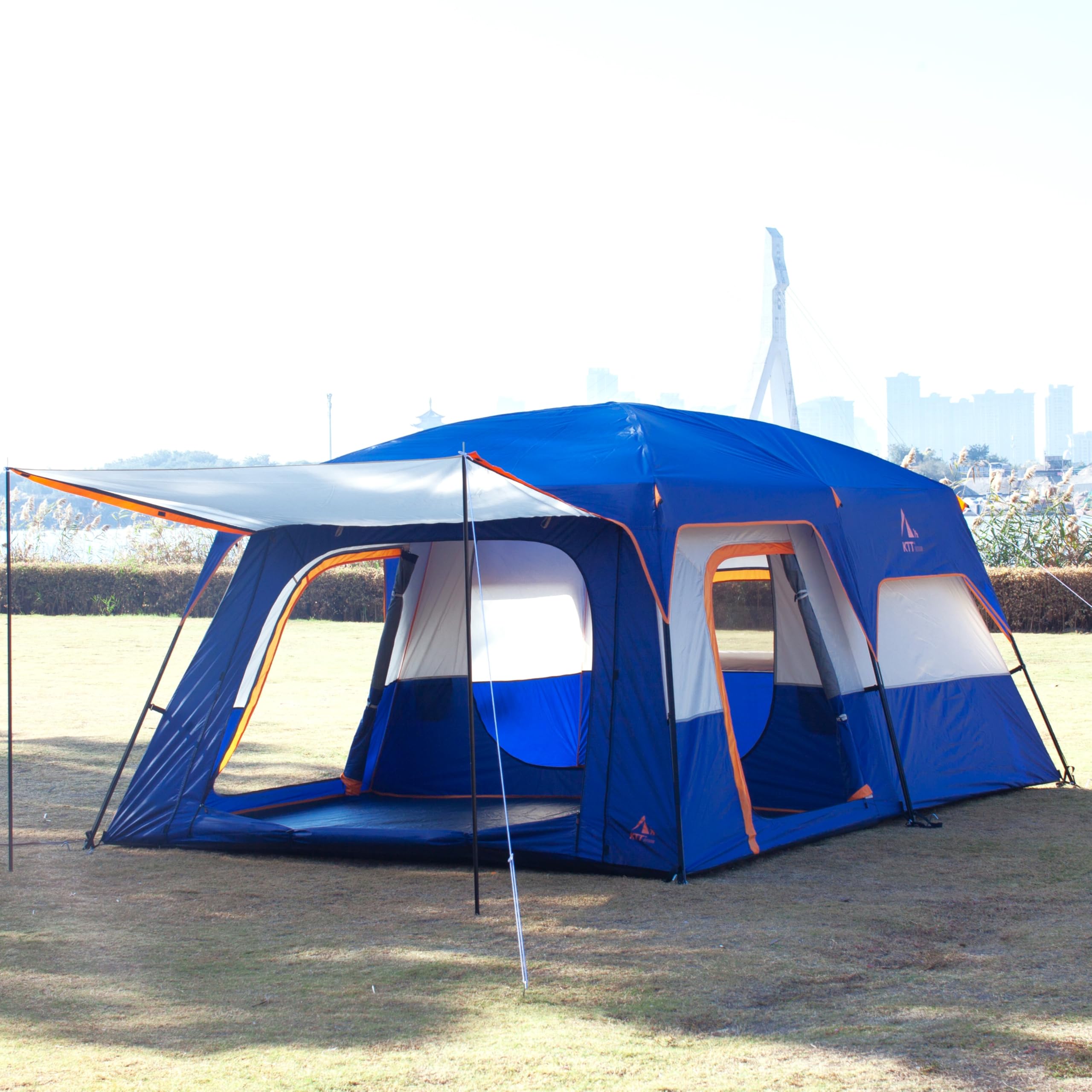 KTT Extra Large Family Cabin Tent for 10-14 People - 2 Rooms, 3 Doors & Windows with Mesh, Waterproof Double Layer Straight Wall Design - Perfect for Camping, Picnics, Outdoor Adventures & Family Gatherings