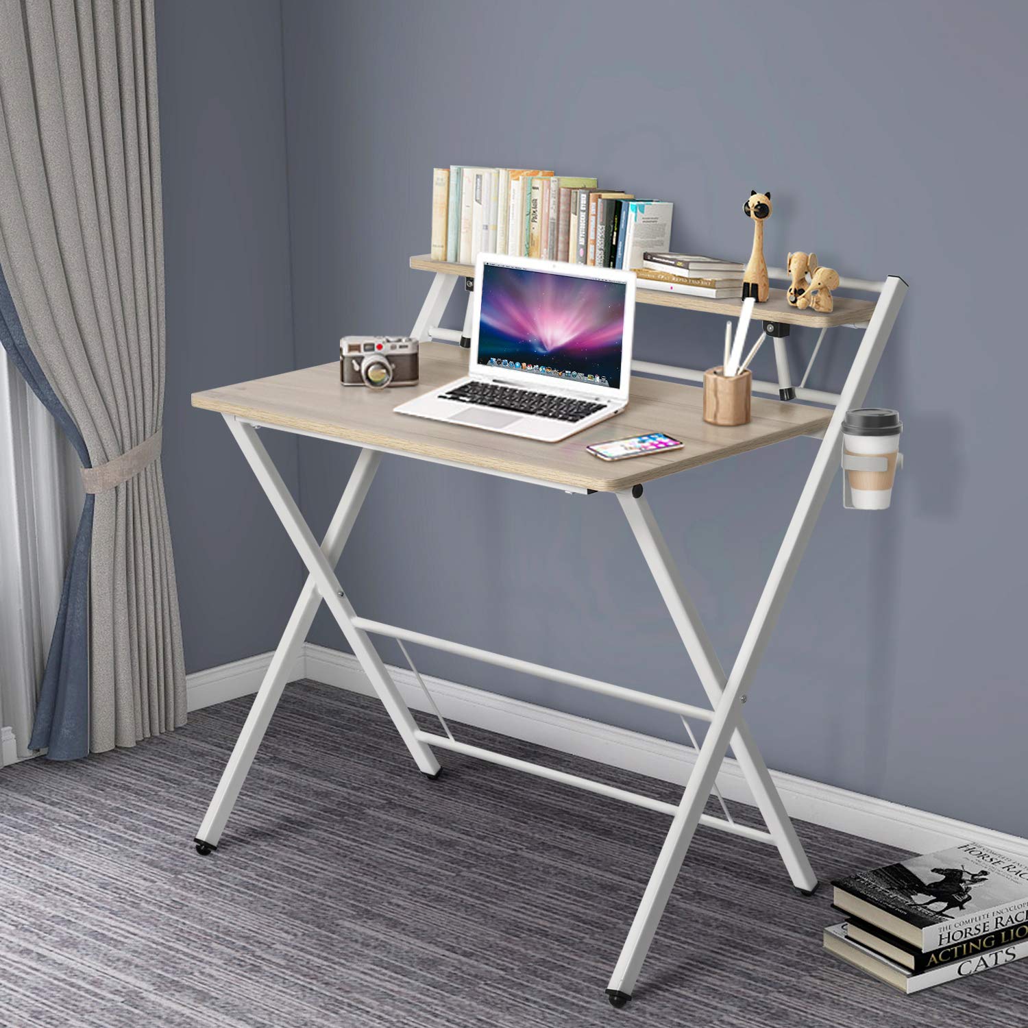 Foldable Computer Desk for Small Spaces - 2-Tier Laptop Writing Table with Storage Shelf | Multipurpose Study Desk for Home Office, Kids Room & Dorm | No Assembly Needed (Khaki) - Perfect for Compact Living Spaces, Remote Work & Online Learning