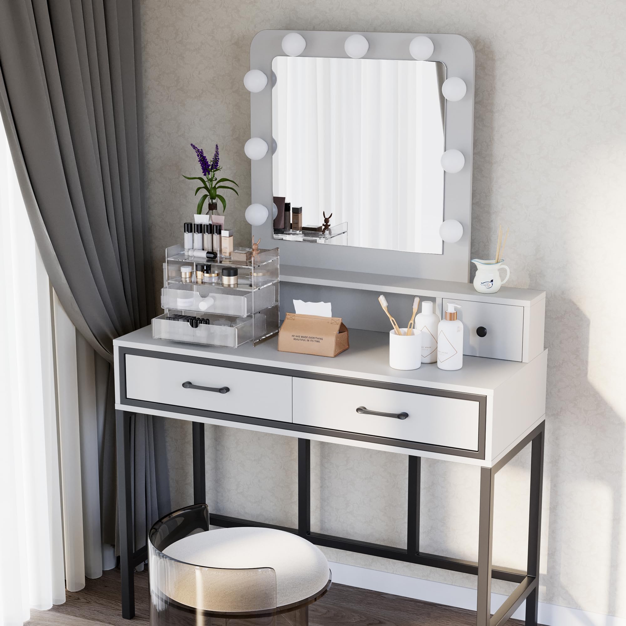 Sunvivi White Vanity Desk with Dimmable LED Hollywood Mirror & 4 Drawers - Large Makeup Dressing Table for Women & Girls - Perfect for Bedroom, Bathroom & Beauty Salon Makeup Application