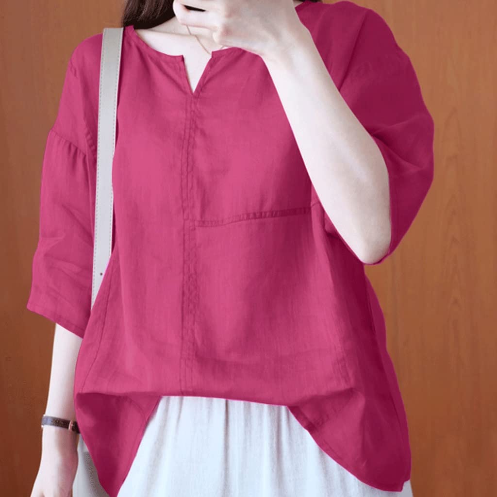 Vintage Floral Print Cotton Linen Blouse for Women - Summer Casual Short Sleeve Tunic Top with Round Neck (Rose Red, Large) | Perfect for Beach Outings, Date Nights & Office Wear