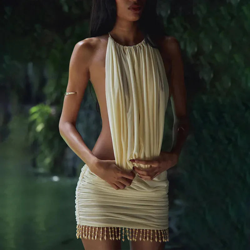 Sexy Backless Tassel Mini Dress for Women - Summer Hollow Out Halter Sleeveless High Waist Ruched Bodycon Club Dress | Perfect for Night Out, Party, and Date Night