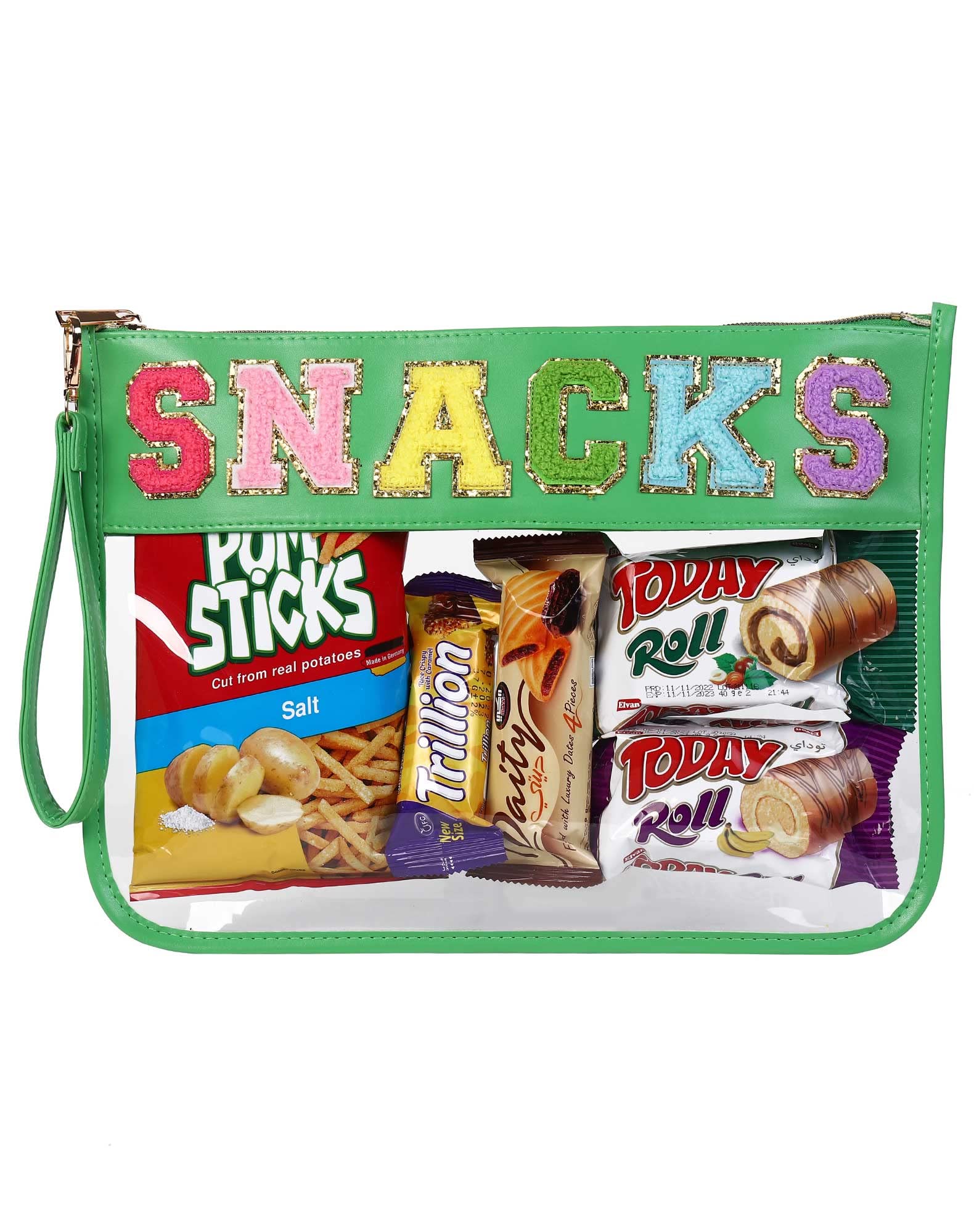 HASIOY Clear Pouch with Patches - Snacks Bag, Chenille Letter Cosmetic Tote Bag with Gold Shoulder Straps - Perfect for School, Travel, and Everyday Use