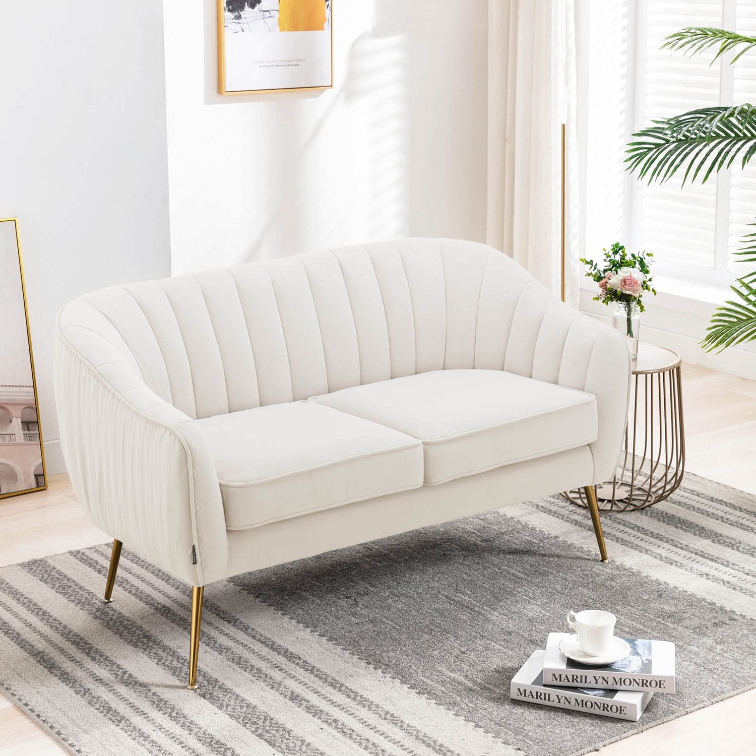 Velvet Loveseat Sofa for Two - Modern Small Space Couch with Golden Finish, Beige Upholstery | Perfect for Living Rooms, Bedrooms & Apartments | Cozy Seating for Couples & Small Spaces