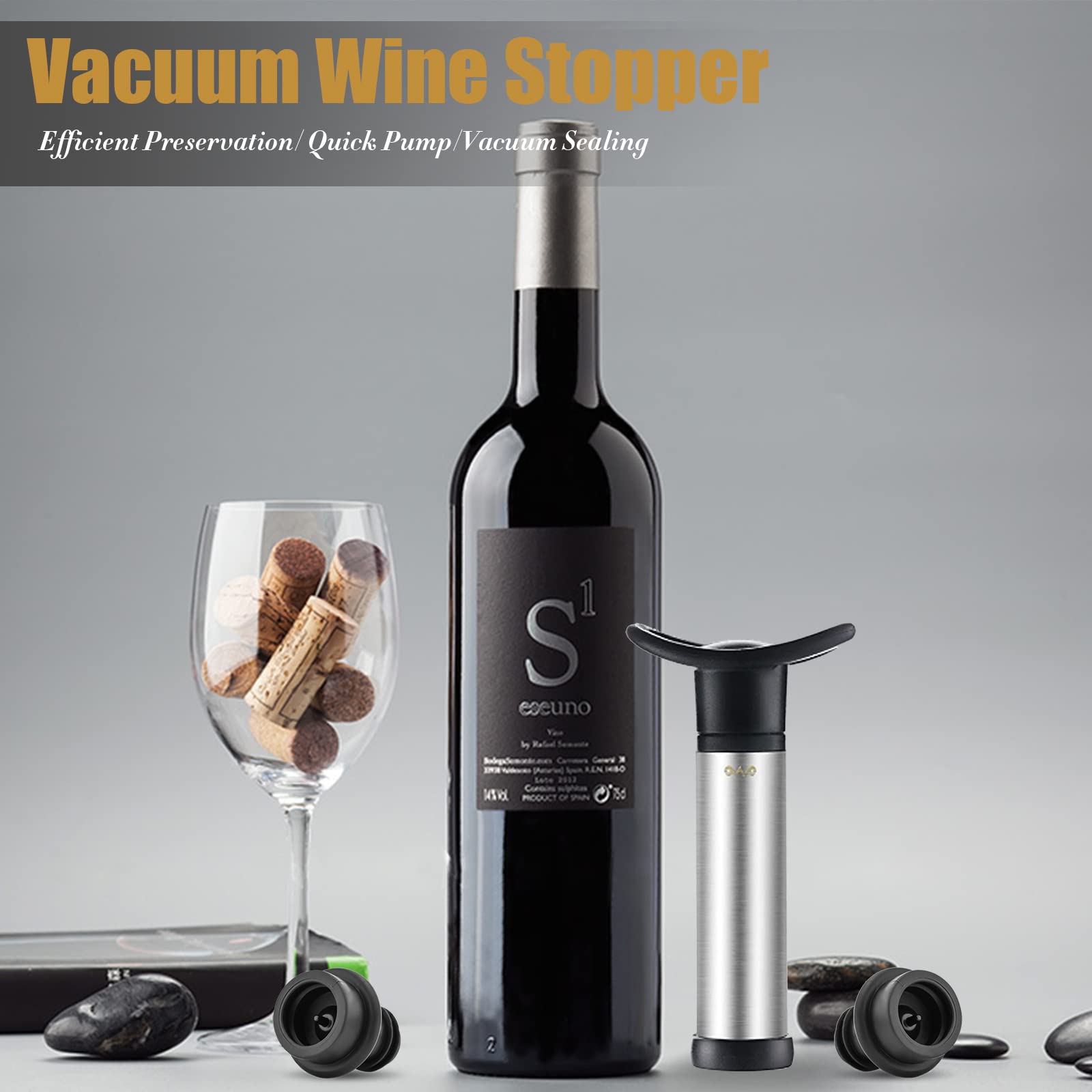 Premium OWO Wine Vacuum Pump with 4 Stoppers - Stainless Steel Wine Saver & Preserver Kit - Reusable Air Remover Pump for Freshness - Perfect for Red, White & Sparkling Wine Preservation at Home or Parties