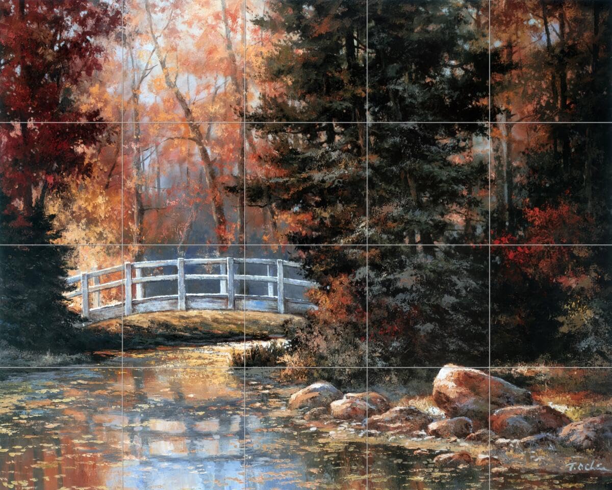 Ceramic Backsplash Tile Mural - Woodland Footbridge Landscape Design for Kitchen, Bathroom & Shower - Premium Handmade Tiles by T.C. Chiu - Perfect for Rustic, Farmhouse & Nature-Inspired Home Decor