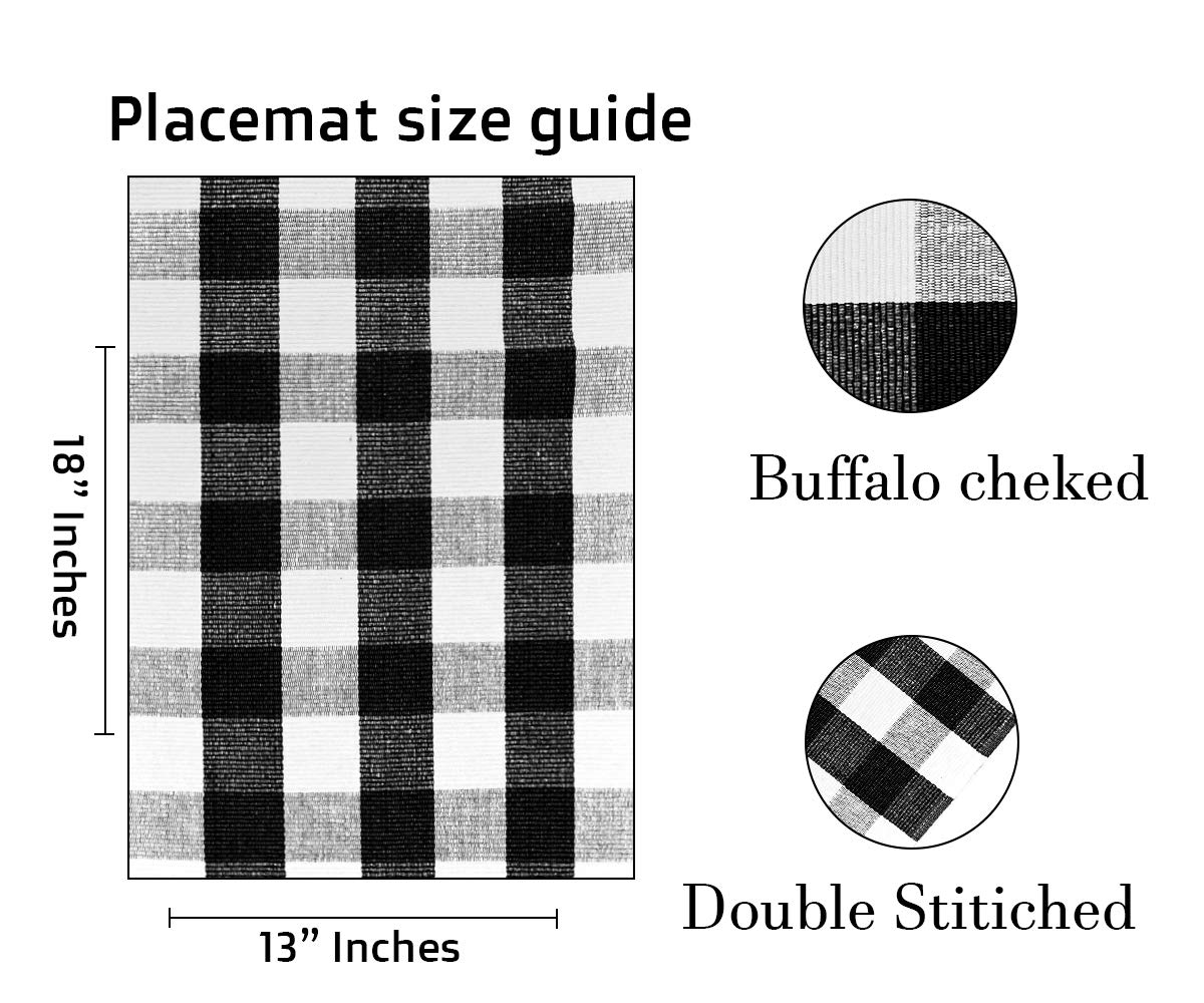Black Cotton Placemats Set of 4 - Buffalo Plaid Checkered Table Mats 13x18 Inch - 100% Washable Linen Fabric for Dining Table - Rustic Farmhouse Decor for Thanksgiving, Christmas & Everyday Use