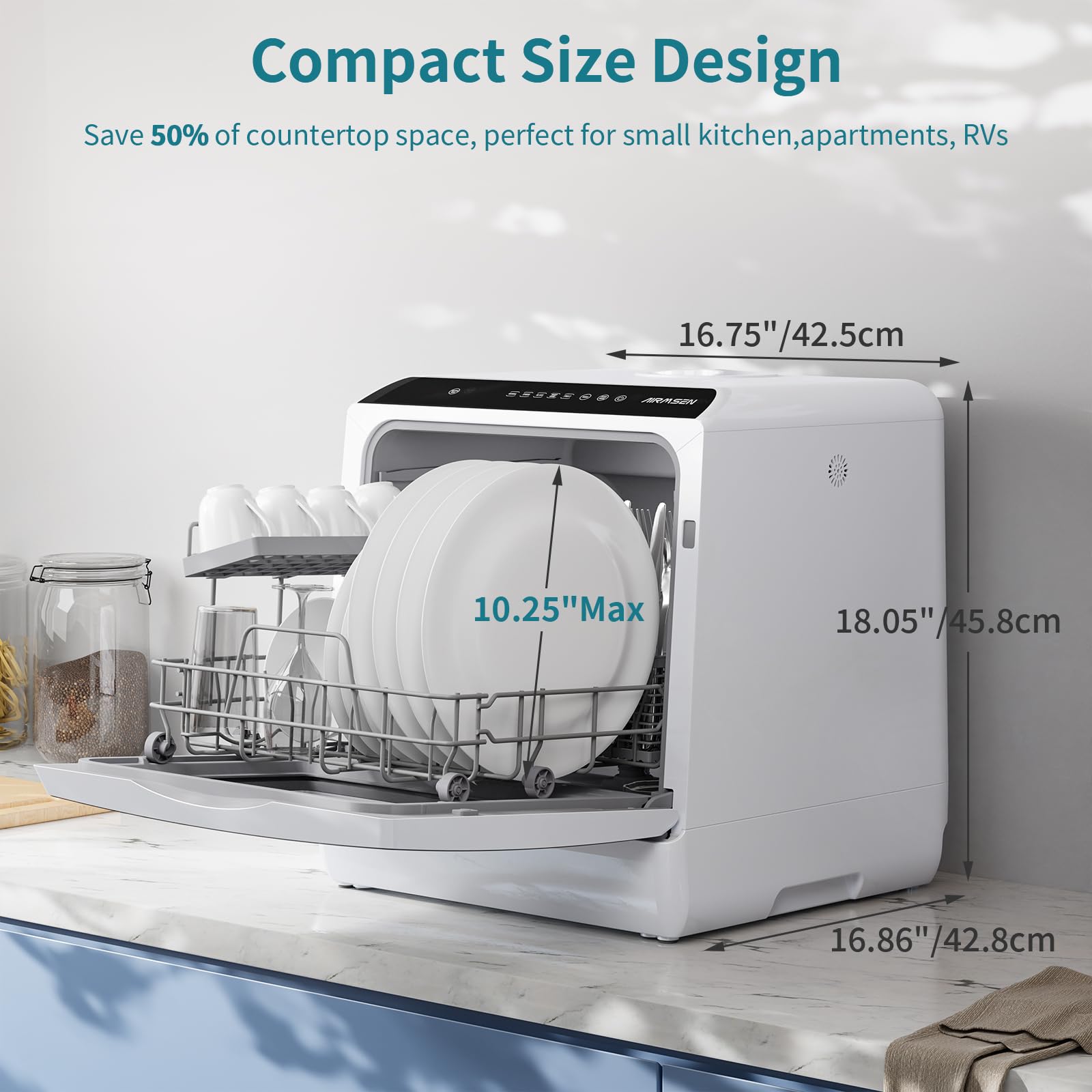 Portable Countertop Dishwasher - 5 Wash Programs, 5L Built-in Water Tank & Double-Layer Glass Door - No Plumbing Required for Home, Apartment, RV & Small Kitchen Use | Compact Dishwashing Solution for Dorms, Camping & Tiny Houses
