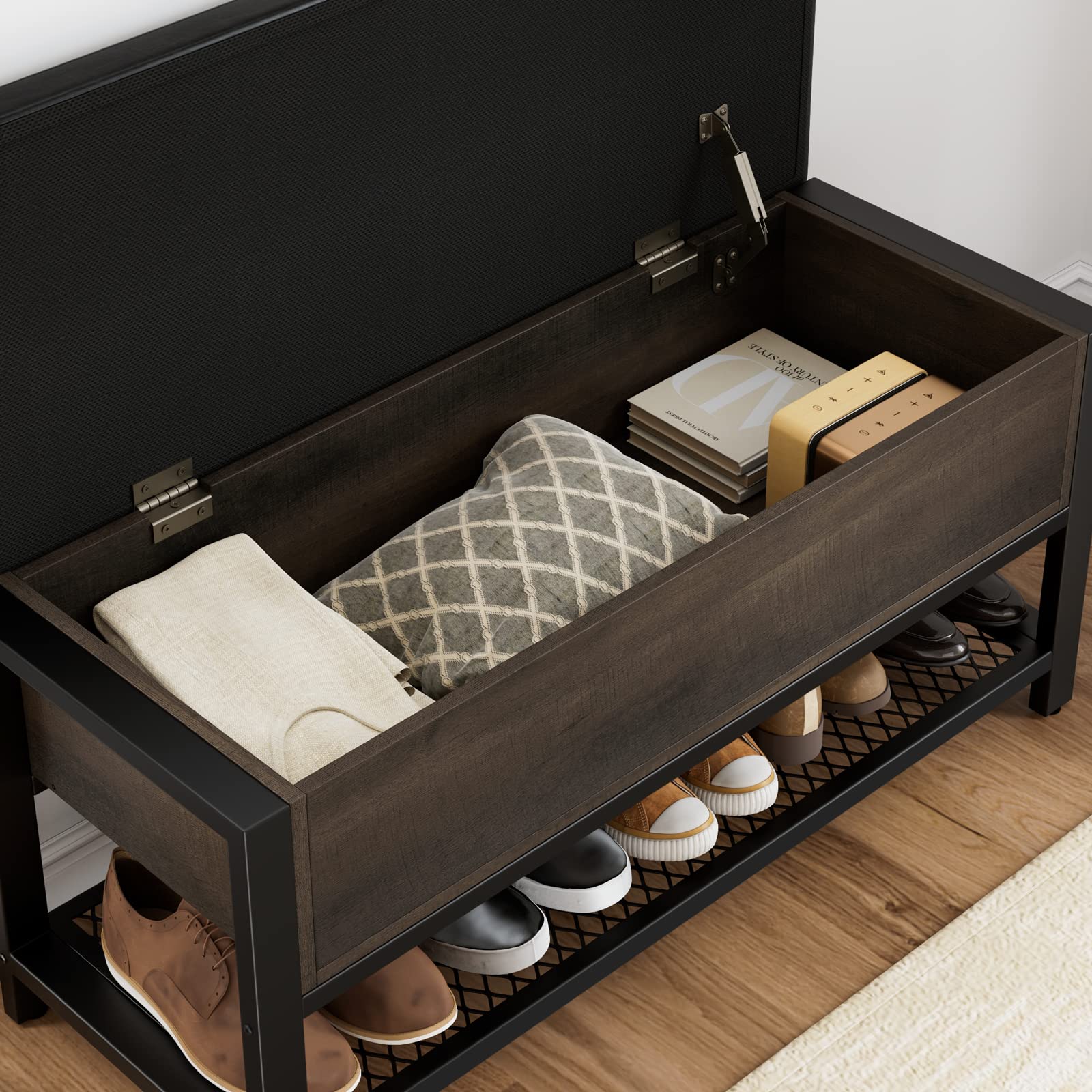 HOSTACK Storage Bench with Flip-Open Lid - Dark Brown Entryway Shoe Bench, Bedroom Ottoman with Storage Shelf & Padded Seat - Perfect for Hallway, Living Room & End of Bed Organization