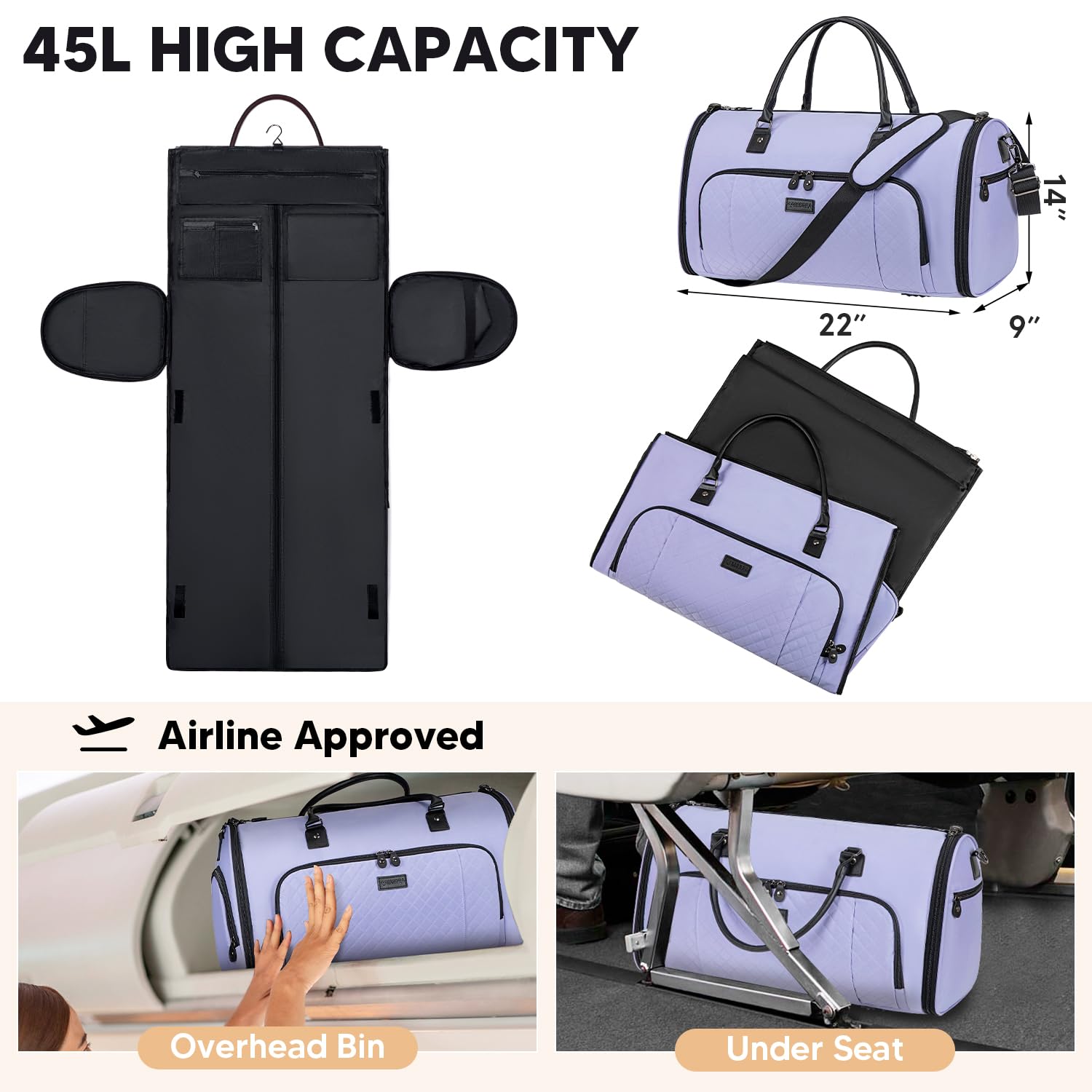 2-in-1 Convertible Travel Garment Bag for Women - Carry On Duffle with Detachable Shoulder Strap & Shoe Compartment (Purple) | Perfect for Business Trips, Weddings & Airplane Travel