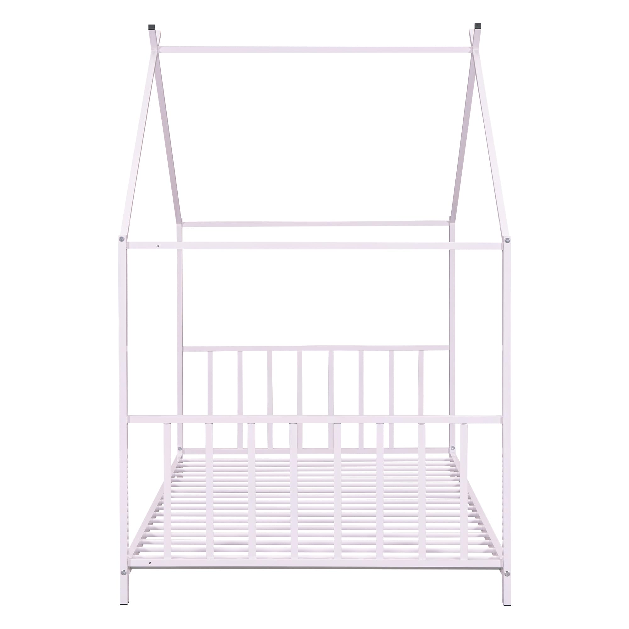 Montessori Twin Size Floor Bed for Kids - Sturdy Metal Frame with High Headboard & Roof - Pink House Bed for Boys & Girls - Perfect for Bedroom, Playroom & Montessori Learning Spaces