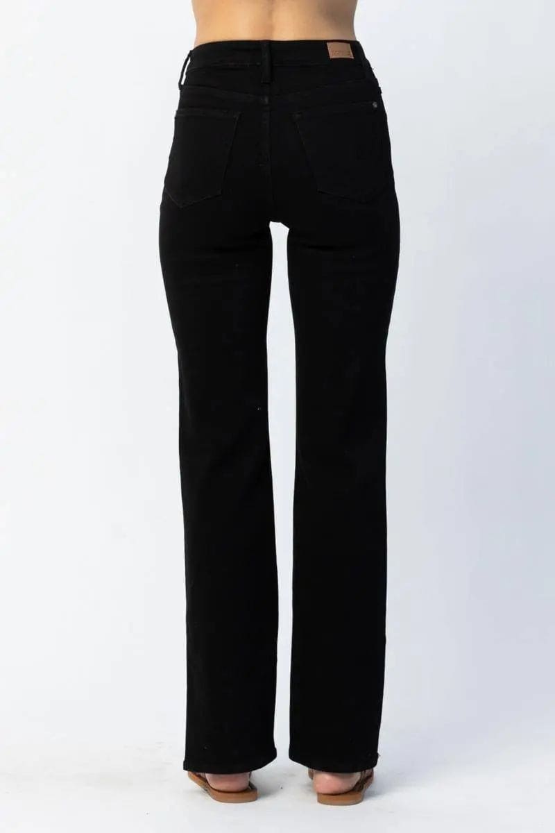Judy Blue High Waist 90s Black Slit Hem Straight Leg Jeans for Women | Vintage Denim Pants | Casual & Streetwear Outfits | Perfect for Everyday Wear and Night Out