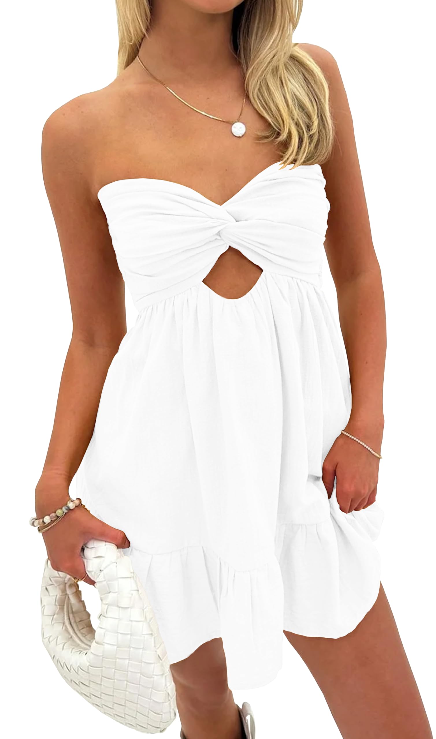 Cantonwalker White Strapless Mini Dress with Elastic Waistband - Flowy Summer Dress for Women | Perfect for Beach Parties, Weddings & Date Nights