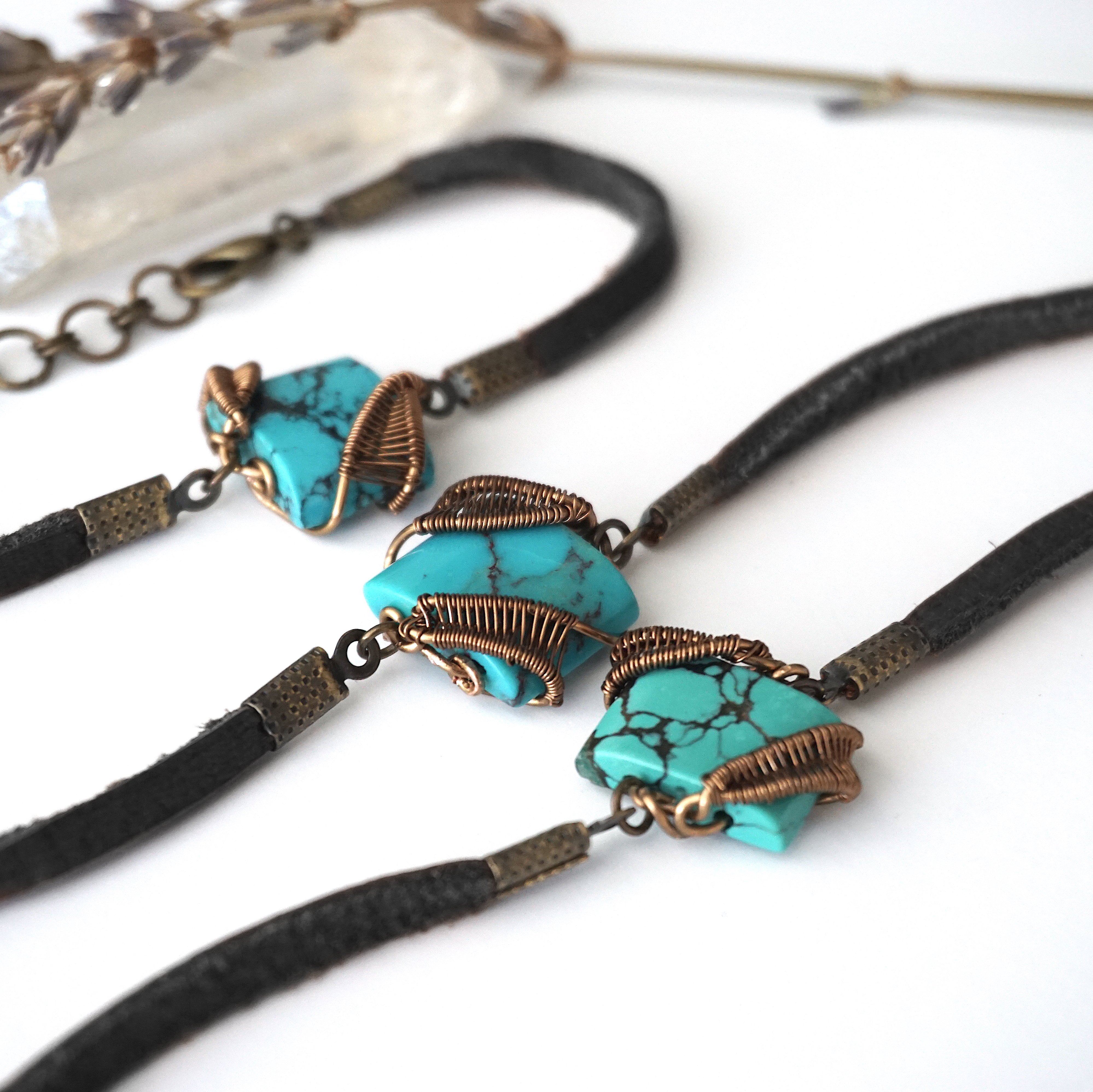 Turquoise Leather Bracelet - Adjustable Handmade Beaded Bracelet for Women - Black or Brown Leather - Boho Jewelry for Everyday Wear & Gift Giving