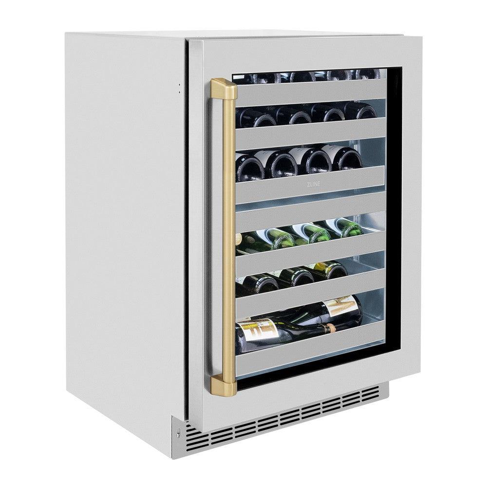 ZLINE Autograph Edition 24 Inch Dual Zone Wine Cooler - 44 Bottle Capacity, Stainless Steel Glass Door & Champagne Bronze Handle - Perfect for Home Bars, Wine Cellars & Entertaining (RWDOZ GS 24 CB)