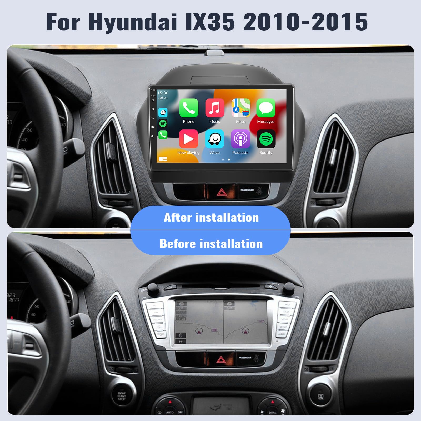 **10.1 Inch Android Car Stereo for Hyundai Tucson IX35 2010-2015 | 2GB RAM 32GB ROM | Wireless CarPlay & Android Auto | Bluetooth FM GPS Navigation | Backup Camera | Touch Screen | Perfect for Road Trips & Daily Commute**