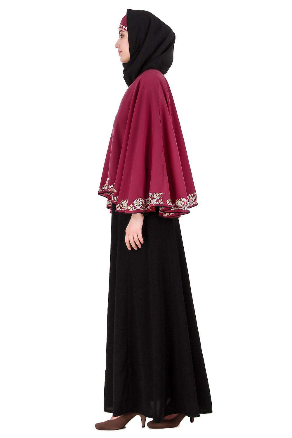 Elegant Black & Rose Pink Semi Circular Cape Abaya for Women - Modest Islamic Prayer Dress, Perfect for Mosque, Eid, and Special Occasions