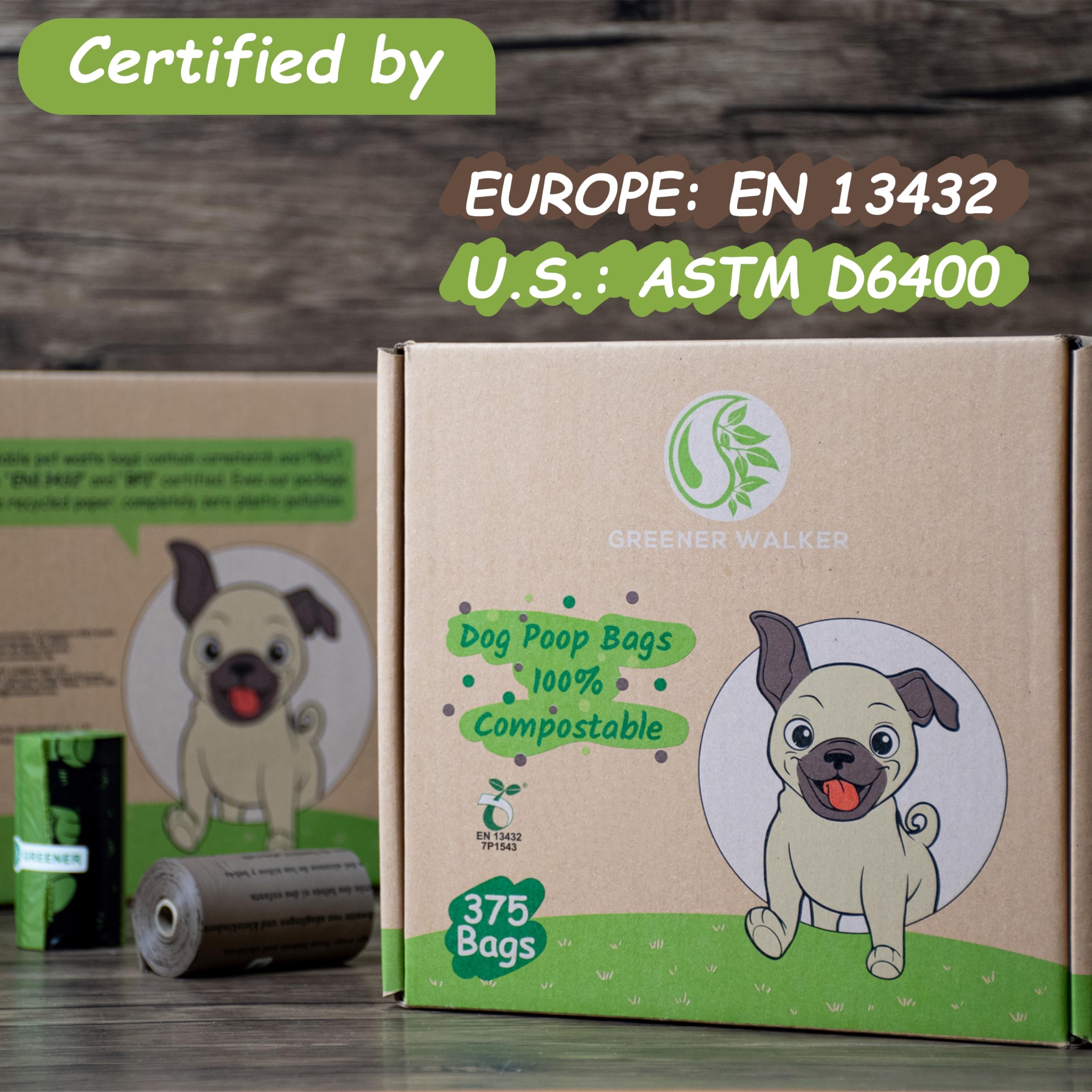 GREENER WALKER 100% Compostable Dog Poop Bags - 225 Extra Thick & Durable Waste Bags for Dogs, EN13432 Certified Eco-Friendly Pet Waste Disposal (Brown) - Perfect for Park Walks, Backyard Cleanup & Travel