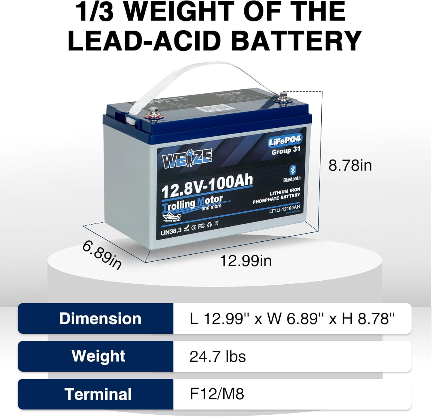 WEIZE 12V 100Ah LiFePO4 Lithium Battery with Bluetooth - Group 31 Deep Cycle Battery for RVs, Boats, Solar Systems & Off-Grid Power Storage