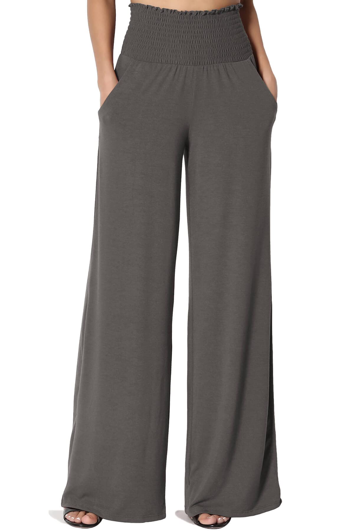TheMogan S~3X Smocked High-Rise Waistband Wide Leg Lounge Pants for Women - Comfortable Stretchy Joggers for Yoga, Home & Travel