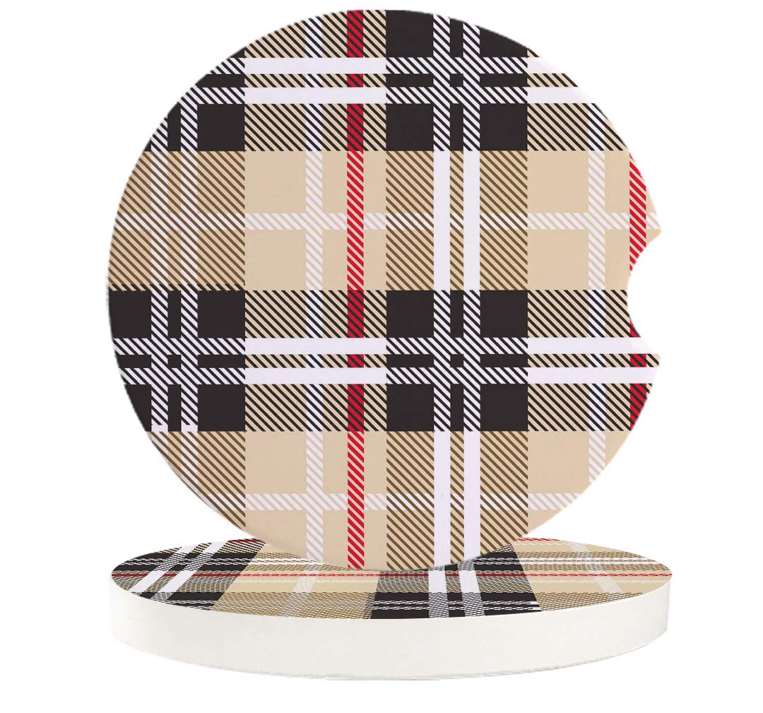 Premium Car Drink Coasters Set of 2 - Geometric Line Stripe Plaid Design, Absorbent Ceramic Stone with Finger Notch for Easy Removal (Beige, Red, Black) - Perfect for Cars, Trucks, SUVs & Road Trips
