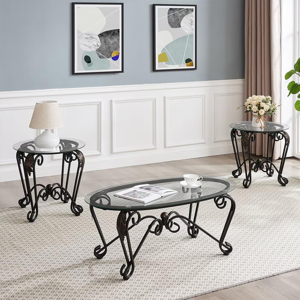 Black 3-Piece Tempered Glass Coffee Table Set - Living Room Decor