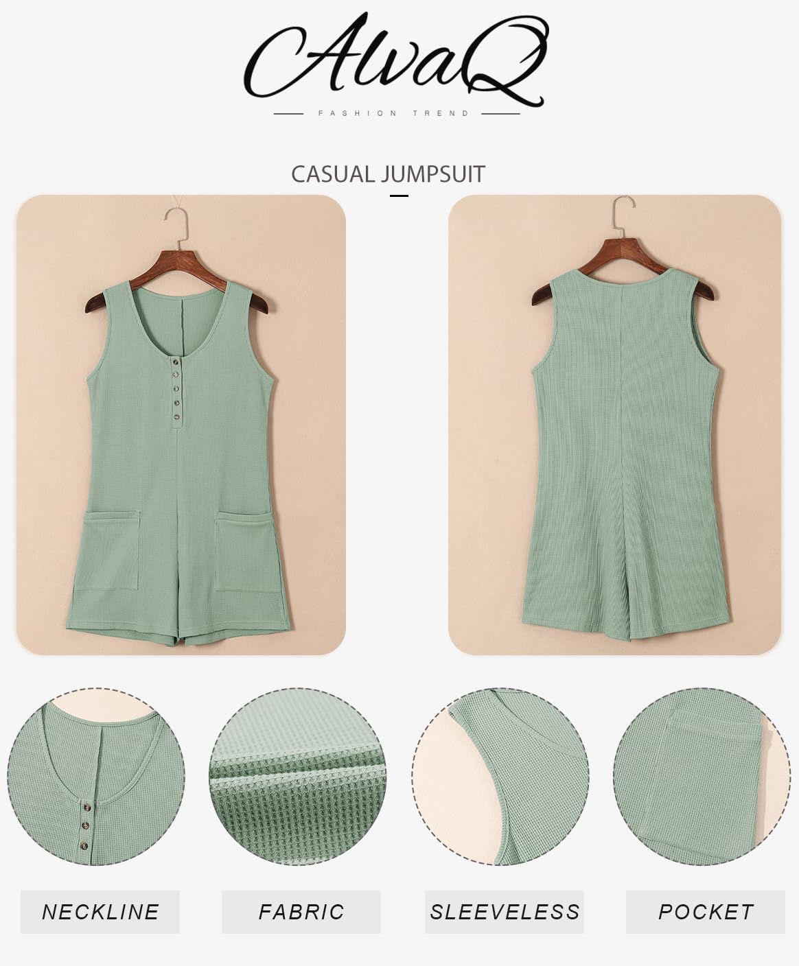 AlvaQ Women's Short Jumpsuit - Solid Color Summer Casual Romper with Waffle Texture, Button Front & Pockets | Perfect for Beach Outings, Vacation Wear & Casual Summer Fashion