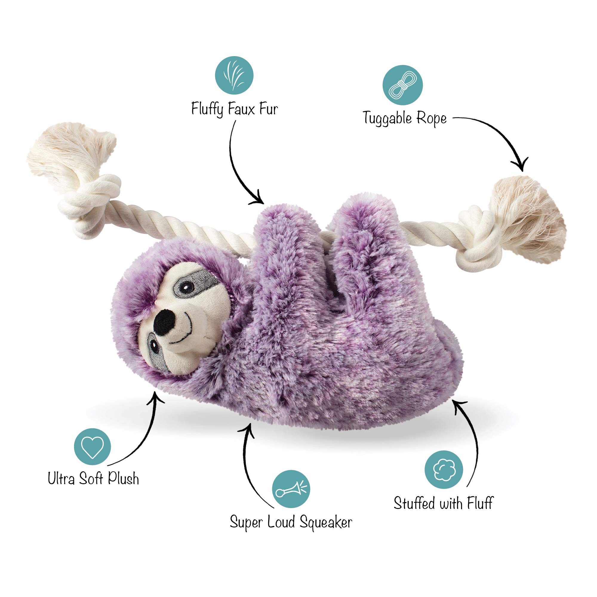 Fringe Studio Violet Sloth Dog Rope Toy - Durable Plush Pet Chew Toy for Small & Medium Dogs - Perfect for Indoor Play, Fetch & Teething Relief (289393)