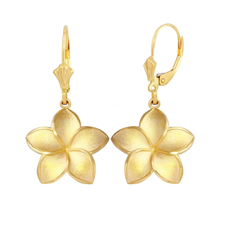 10k Gold Matte Finish Hawaiian Plumeria Flower Dangle Earrings for Women - Medium Size, Perfect for Beach Vacations, Summer Parties & Boho Fashion