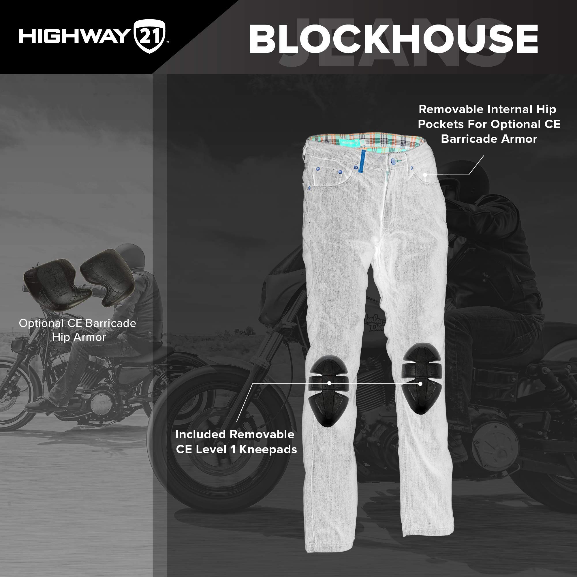 Highway 21 Blockhouse Men's Motorcycle Riding Jeans - Protective Straight-Leg Denim Pants with Knee & Hip Armor Pockets | Durable & Comfortable for Commuting & Long Rides
