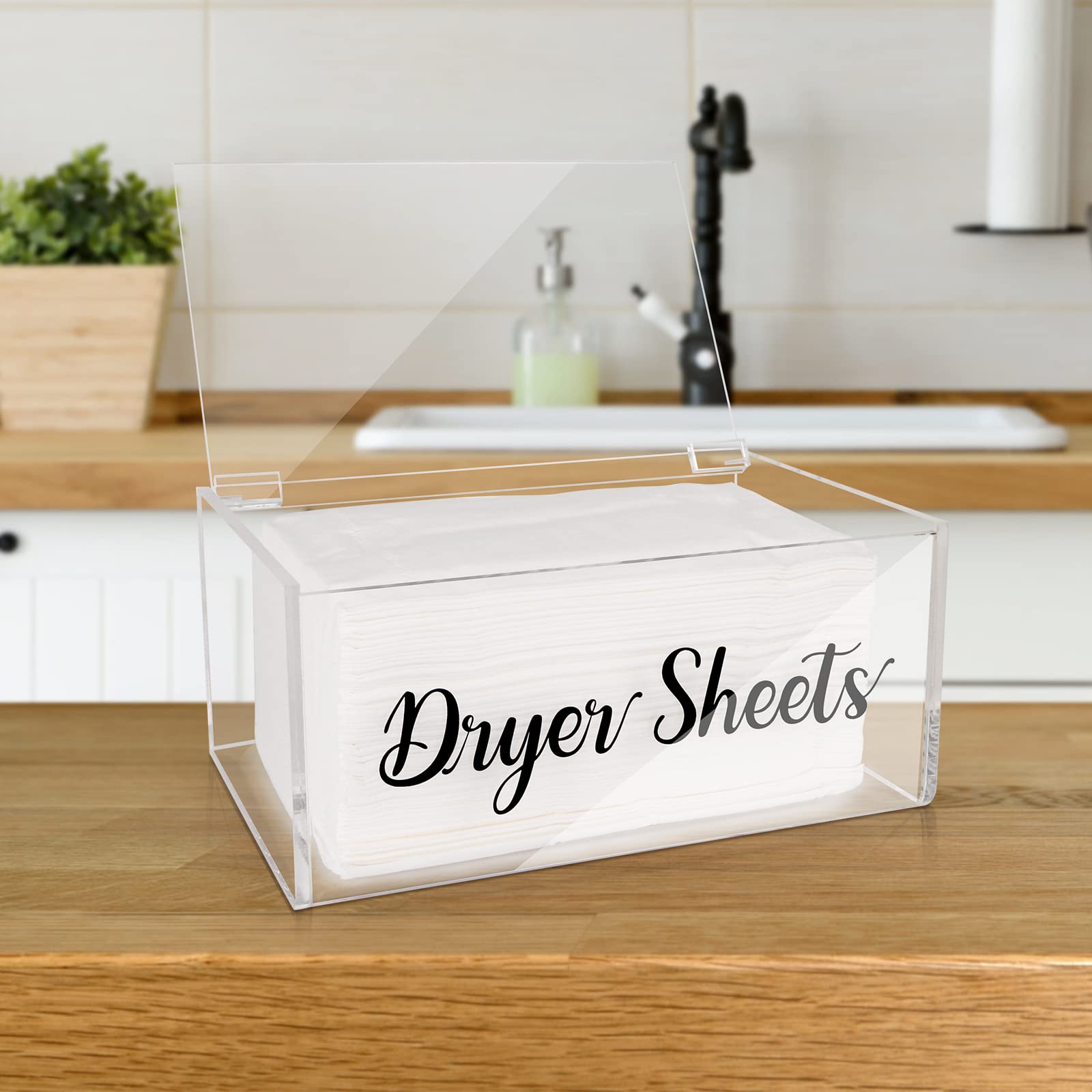 Clear Rustic Farmhouse Style Acrylic Dryer Sheet Dispenser with Hinged Lid - Laundry Room Storage Box for Fabric Softener Sheets | Perfect for Laundry Room Organization & Home Decor