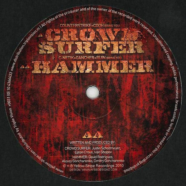 Counterstrike & Cooh, C Netik, Gancher & Ruin - Crowd Surfer / Hammer 12 Vinyl (Yellow Stripe Recordings YSR001) | Electronic Music DJ Set Essential