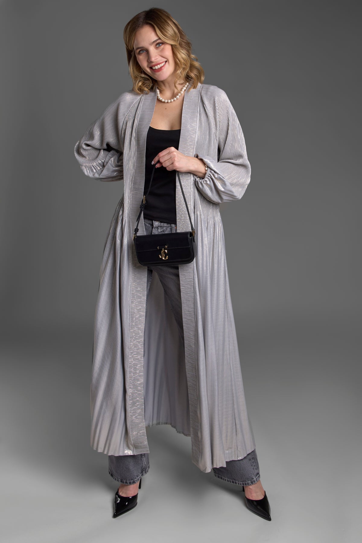Elegant Metallic Pleated Duster Coat for Women - Shiny Long Trench Coat with Belt - Perfect for Office, Evening Parties & Special Occasions