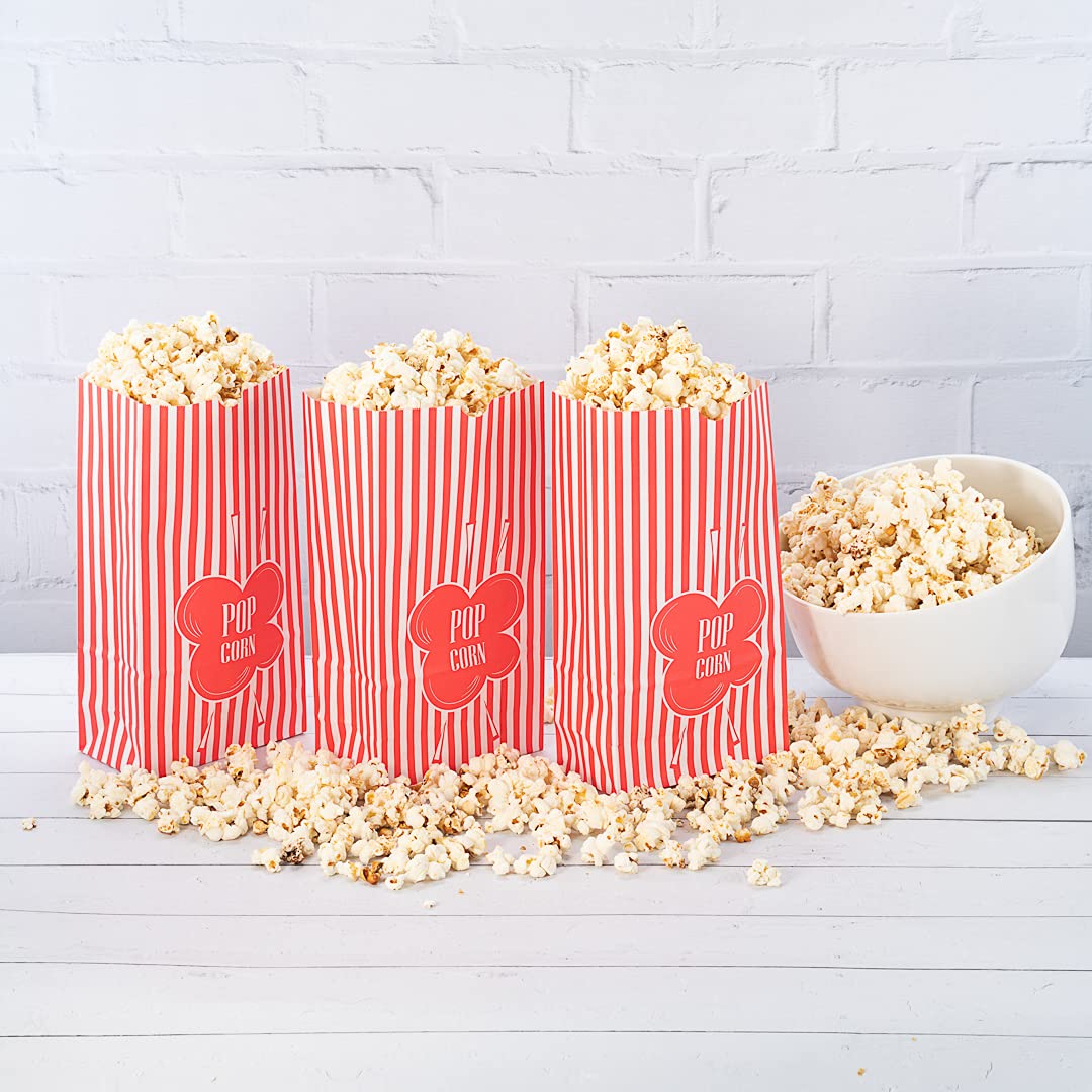 100 Disposable 2oz Red Striped Popcorn Bags - Greaseproof Paper Concession Supplies for Movie Theaters, Carnivals & Home Movie Nights | Bulk Restaurantware Popcorn Containers