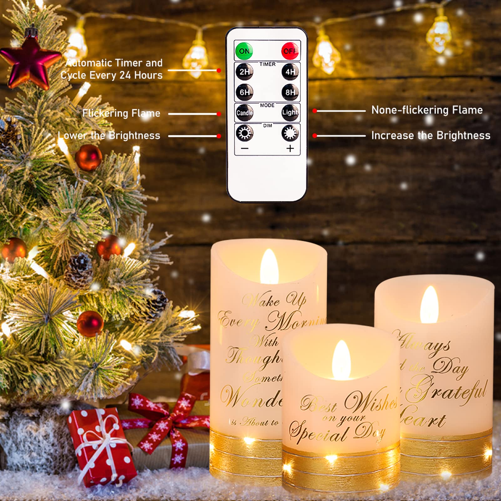Golden LED Flameless Candles with Remote - Flickering Prayer Lights for Bedroom Decor
