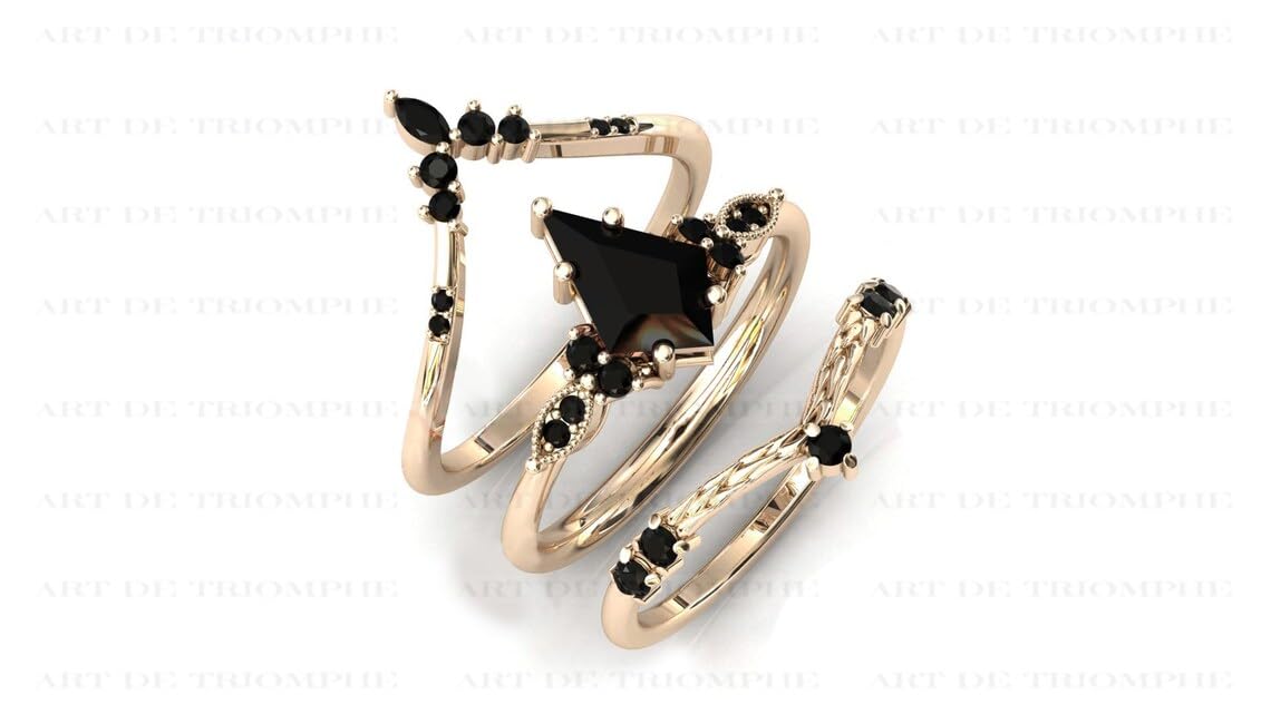 3 CT Kite Shaped Black Onyx Engagement Ring Set - Vintage Art Deco Wedding Band for Women, Unique Bridal Jewelry, Anniversary Promise Ring - Perfect for Proposals, Weddings & Special Occasions