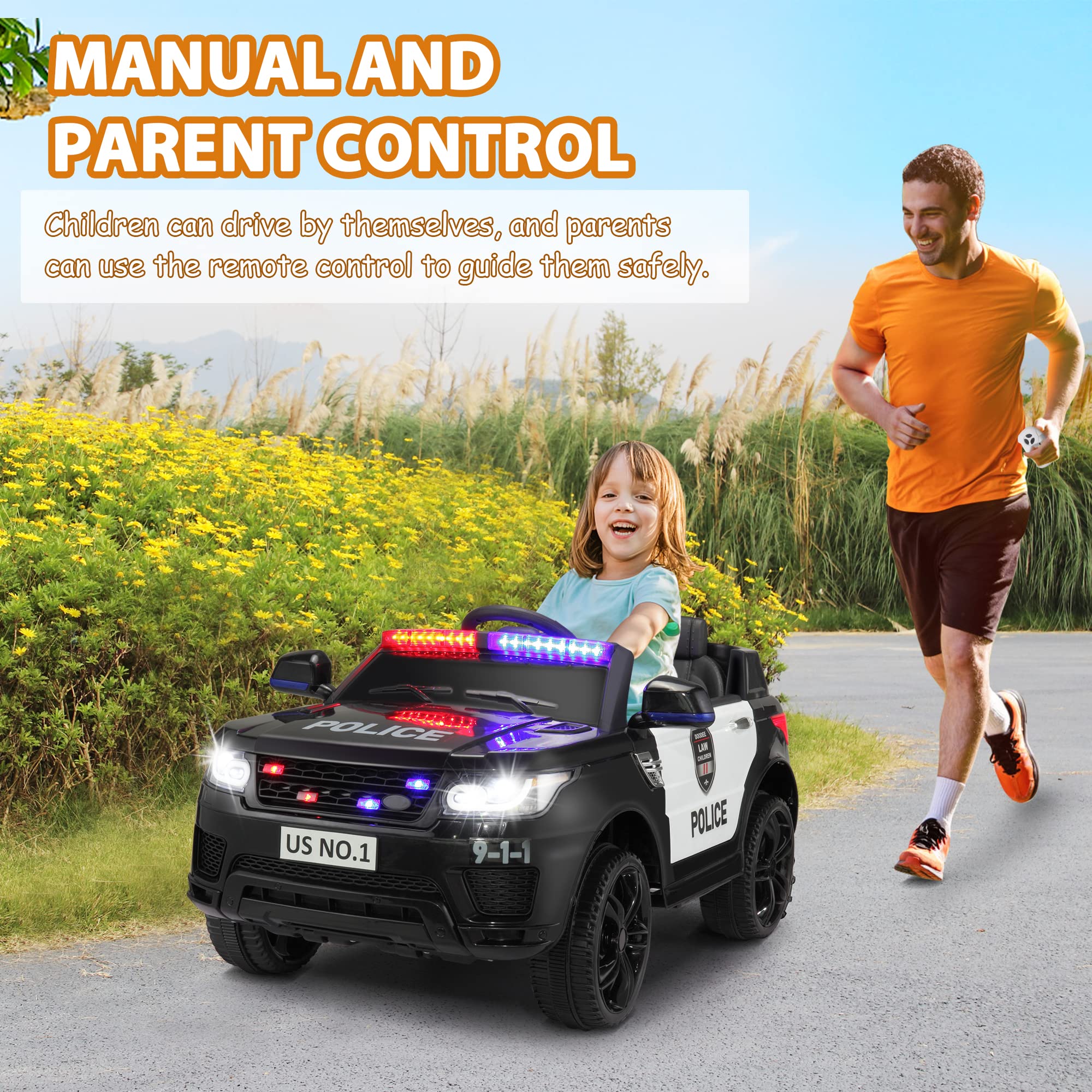 TOBBI Kids Electric Police Car Ride-On Toy with Remote Control, Siren, Flashing Lights & Music - Battery Powered Spring Suspension Toy Vehicle for Boys & Girls (Carbon Black) - Perfect for Birthday Gifts, Outdoor Play & Pretend Police Adventures