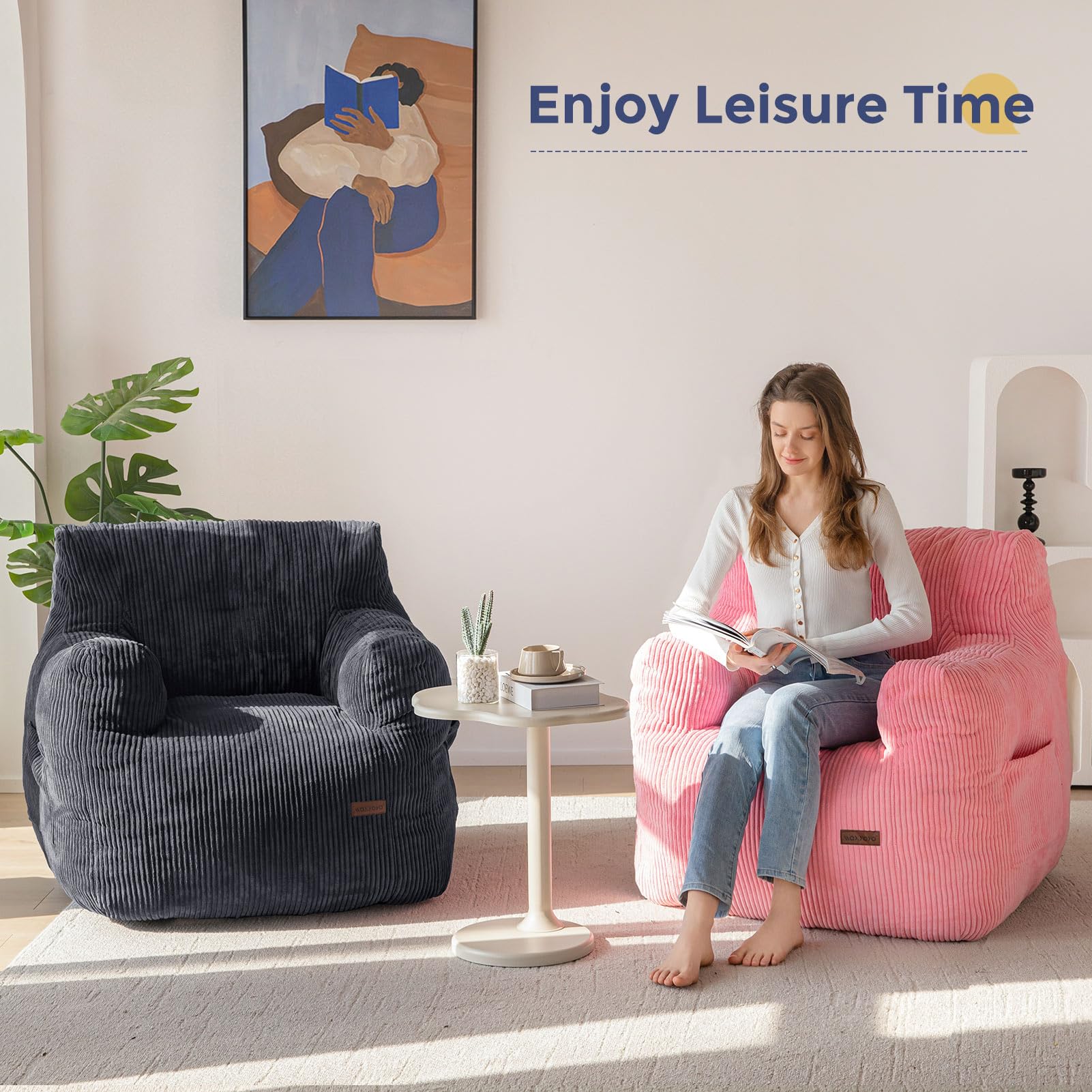MAXYOYO Tufted Corduroy Bean Bag Chair with Filler - Oversized Lazy Sofa for Adults & Teens, Dark Grey - Perfect for Living Room, Bedroom & Game Room Relaxation