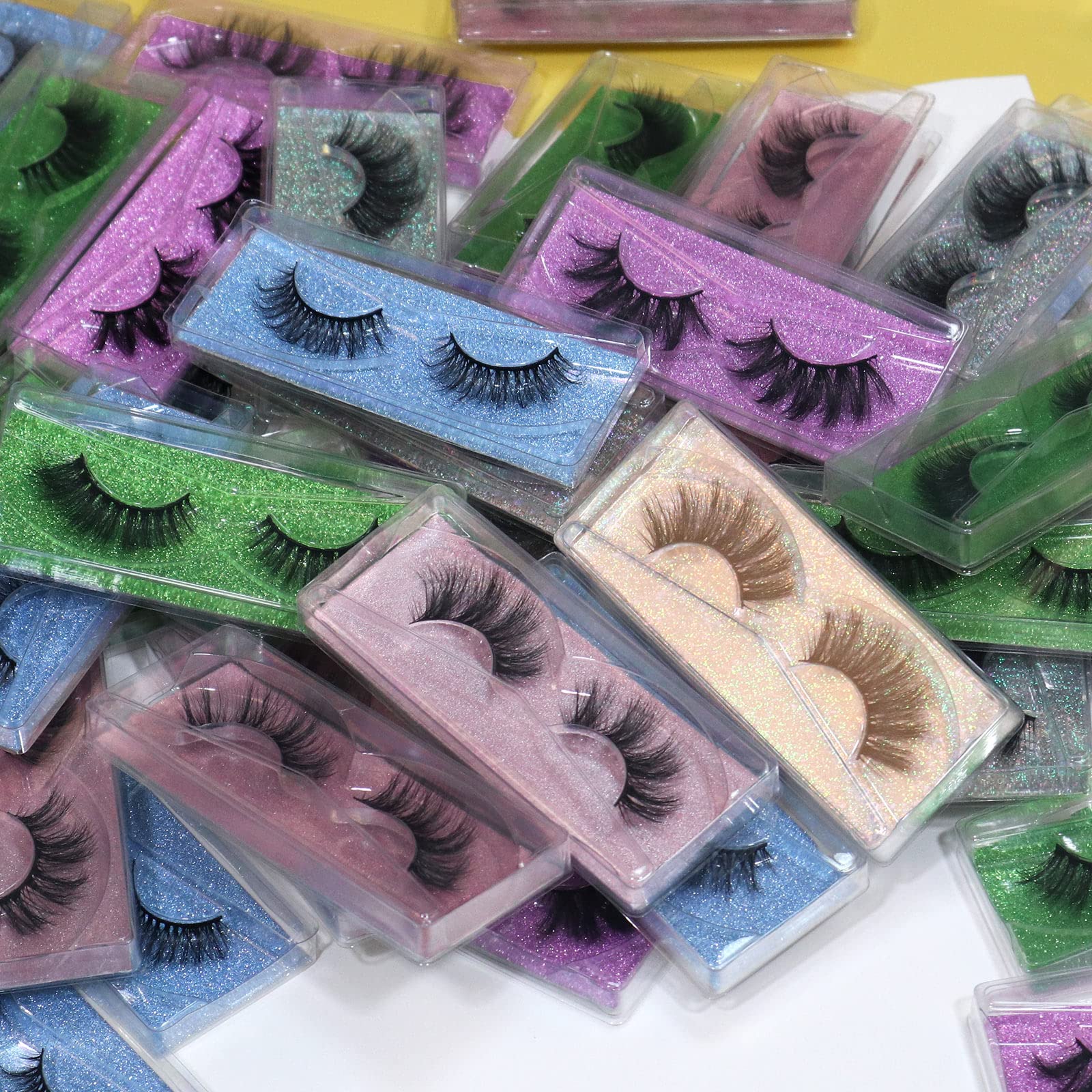 Wholesale 3D Faux Mink Eyelashes Bulk - 18mm Handmade Reusable False Lashes, 5 Styles Dramatic Fluffy Lashes with Glitter (50 Pairs) - Perfect for Parties, Weddings & Special Occasions