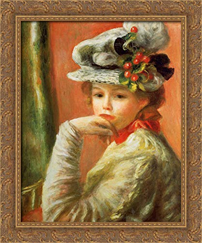 Pierre Auguste Renoir Young Girl in White Hat 20x24 Gold Ornate Wood Framed Canvas Art - Perfect for Living Room, Bedroom & Office Decor