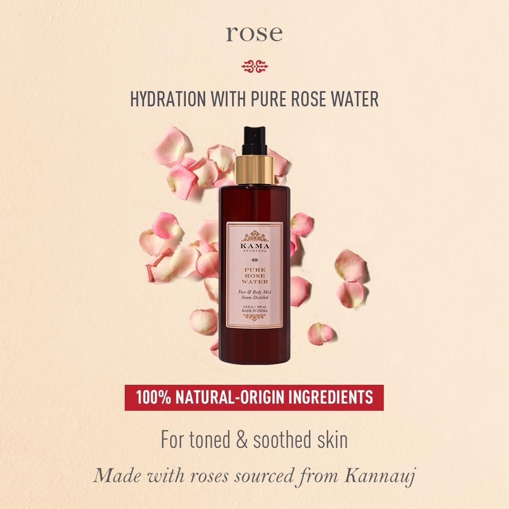 Pure Ayurvedic Rose Water by Kama - Natural Face Toner & Hydrating Mist for Glowing Skin | Perfect for Daily Skincare, Makeup Setting & Aromatherapy