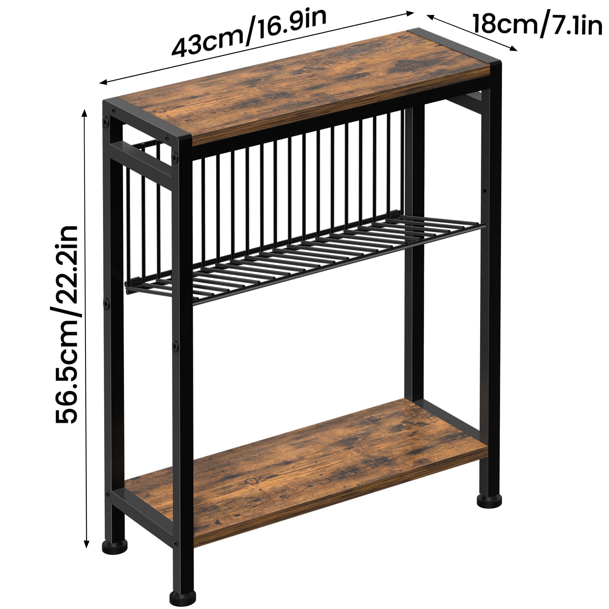 Compact 3-Tier Narrow End Table with Magazine Holder - Slim Nightstand & Space-Saving Side Table for Small Spaces - Rustic Brown - Perfect for Living Room, Bedroom, Study & Balcony