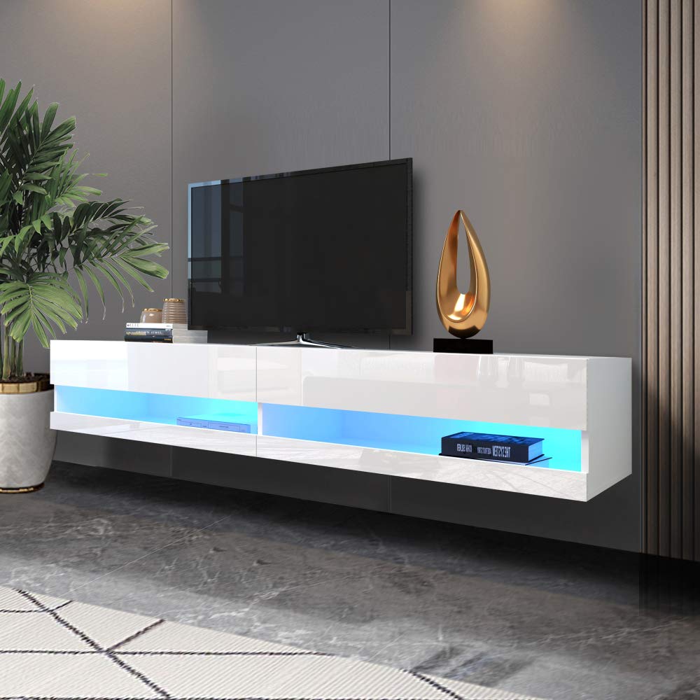 80 Inch Floating TV Stand with 20-Color LED Lights & Remote - Modern Wall Mount Entertainment Center, White - Perfect for Living Room, Bedroom & Home Theater Setup