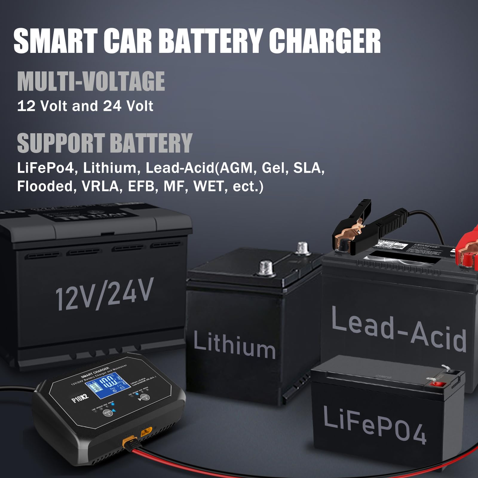 2-Bank 20A(10A/Bank) 12V/24V Smart Car Battery Charger & Maintainer - Automatic Charger for Lead-Acid, Lithium, LiFePO4 Batteries - Ideal for Cars, Motorcycles, Marine, Boats & RV Maintenance