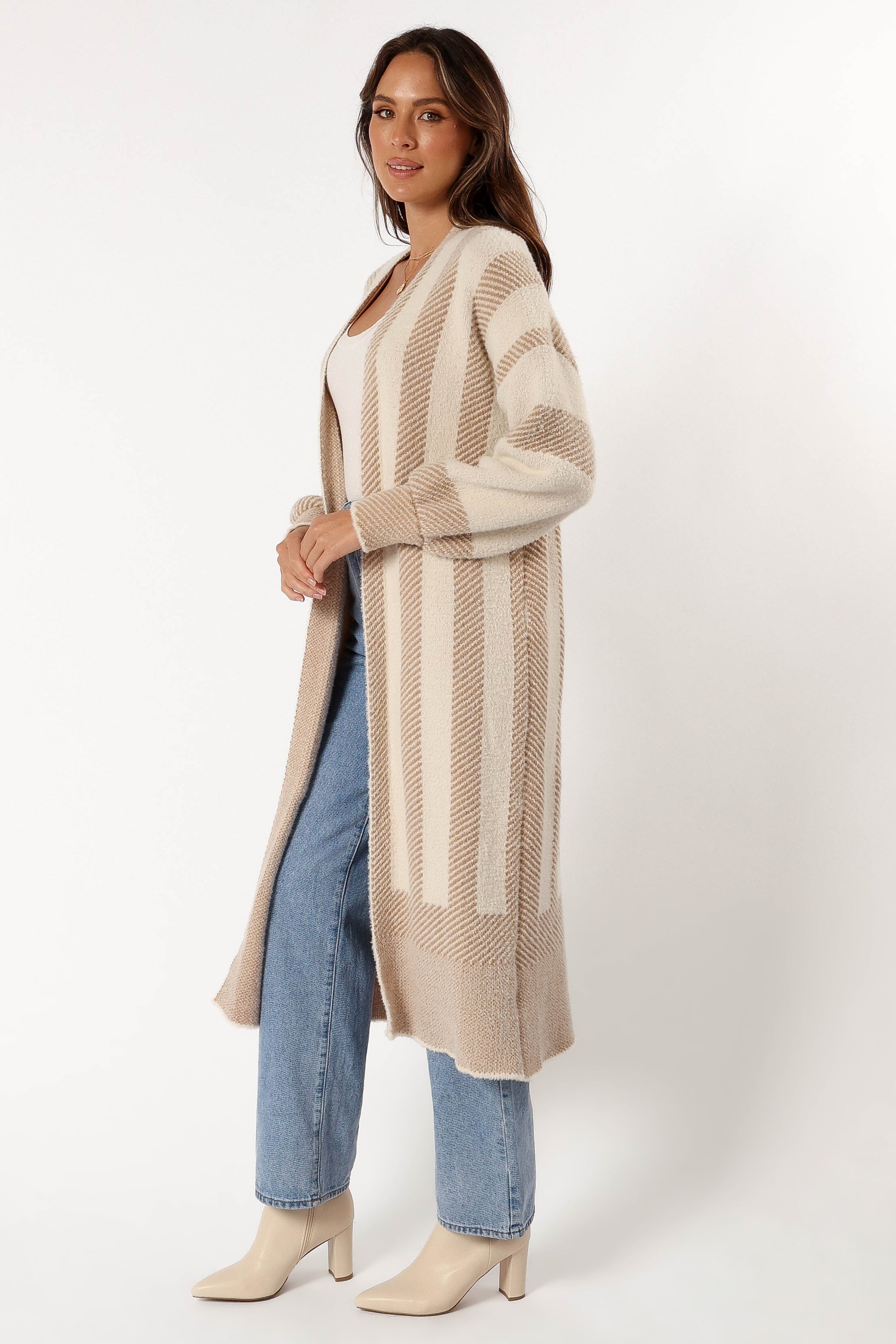 Anita Striped Long Cardigan for Women - Soft Beige Knit Wrap Sweater - Perfect for Fall & Winter Layering, Office Wear, and Casual Outfits