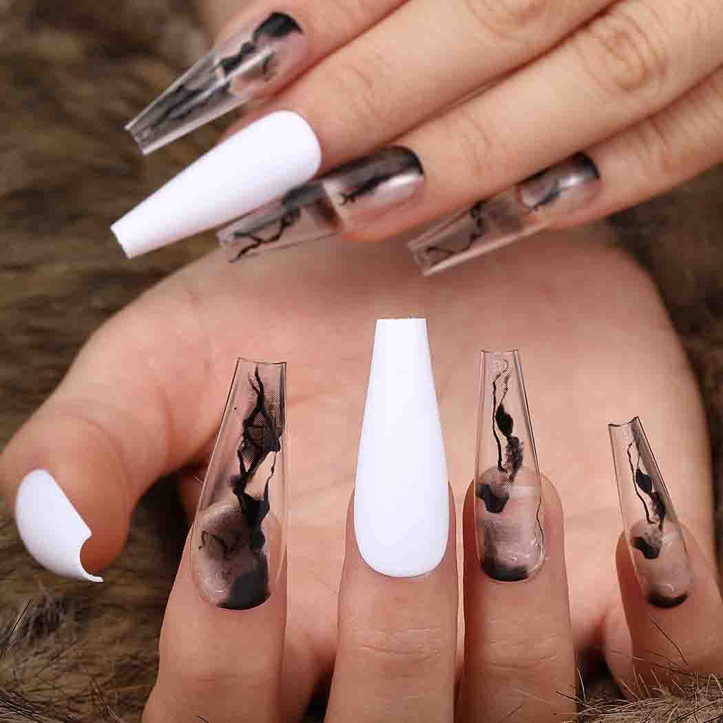 Glossy Smoke Pattern Coffin Press on Nails - Extra Long Ballerina Acrylic False Nails with Elegant Design - 24Pcs Full Cover Artificial Nails for Women & Girls (White) - Perfect for Parties, Weddings, and Special Occasions