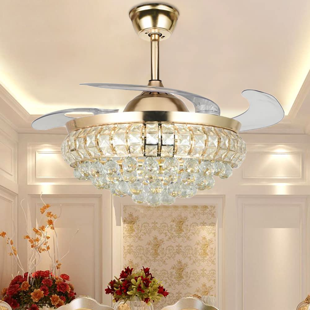 BIGBANBAN 42 Inch Crystal Ceiling Fan with Light and Remote Control - Modern Reversible Retractable Blade Gold Chandelier Fan - 6 Speed Settings & 3 Color Temperatures - Perfect for Dining Room, Living Room, Bedroom and Office