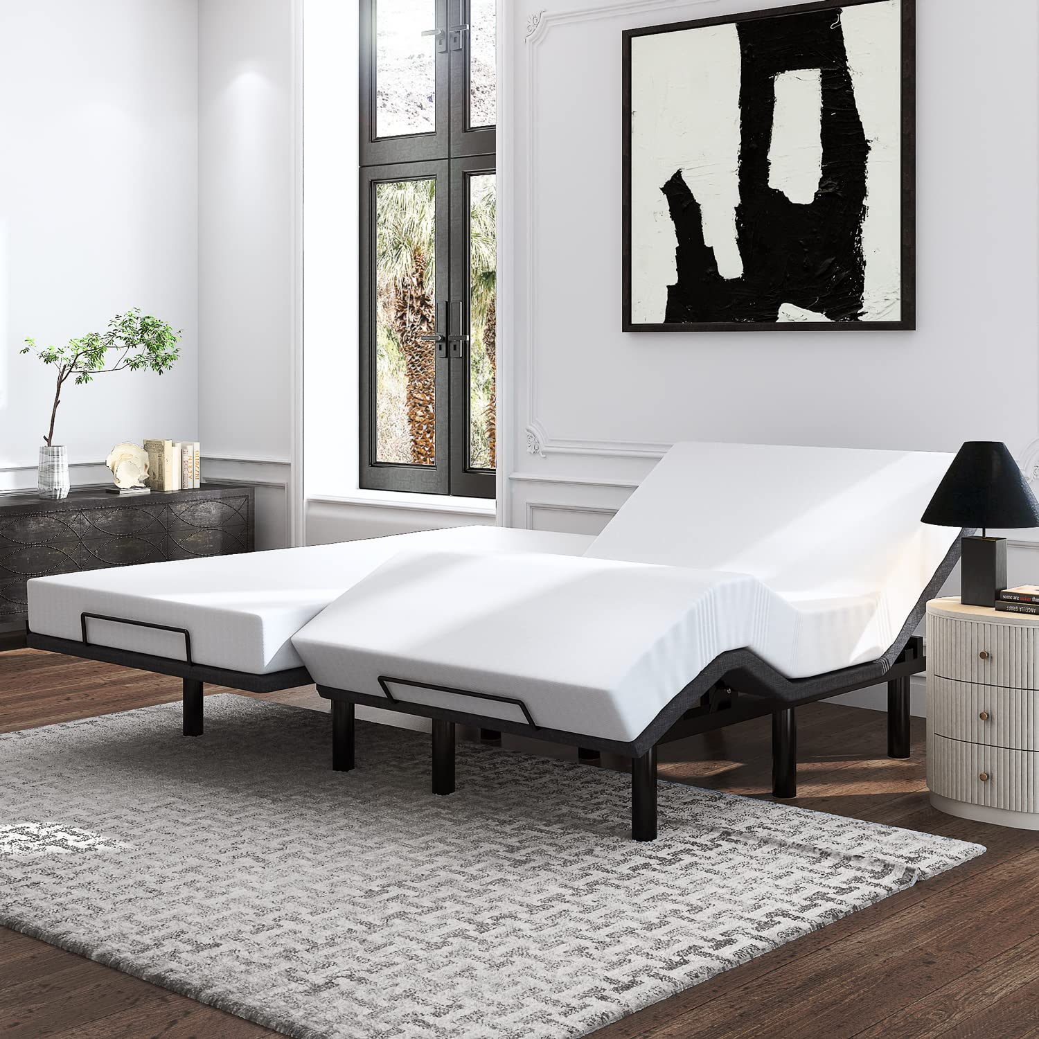 Motorized Adjustable Split King Bed Frame with Wireless Remote - Customizable Head & Foot Incline, Wood Slat Support (2 Twin XL Bases) - Perfect for Home Theater, Reading & Zero Gravity Sleep