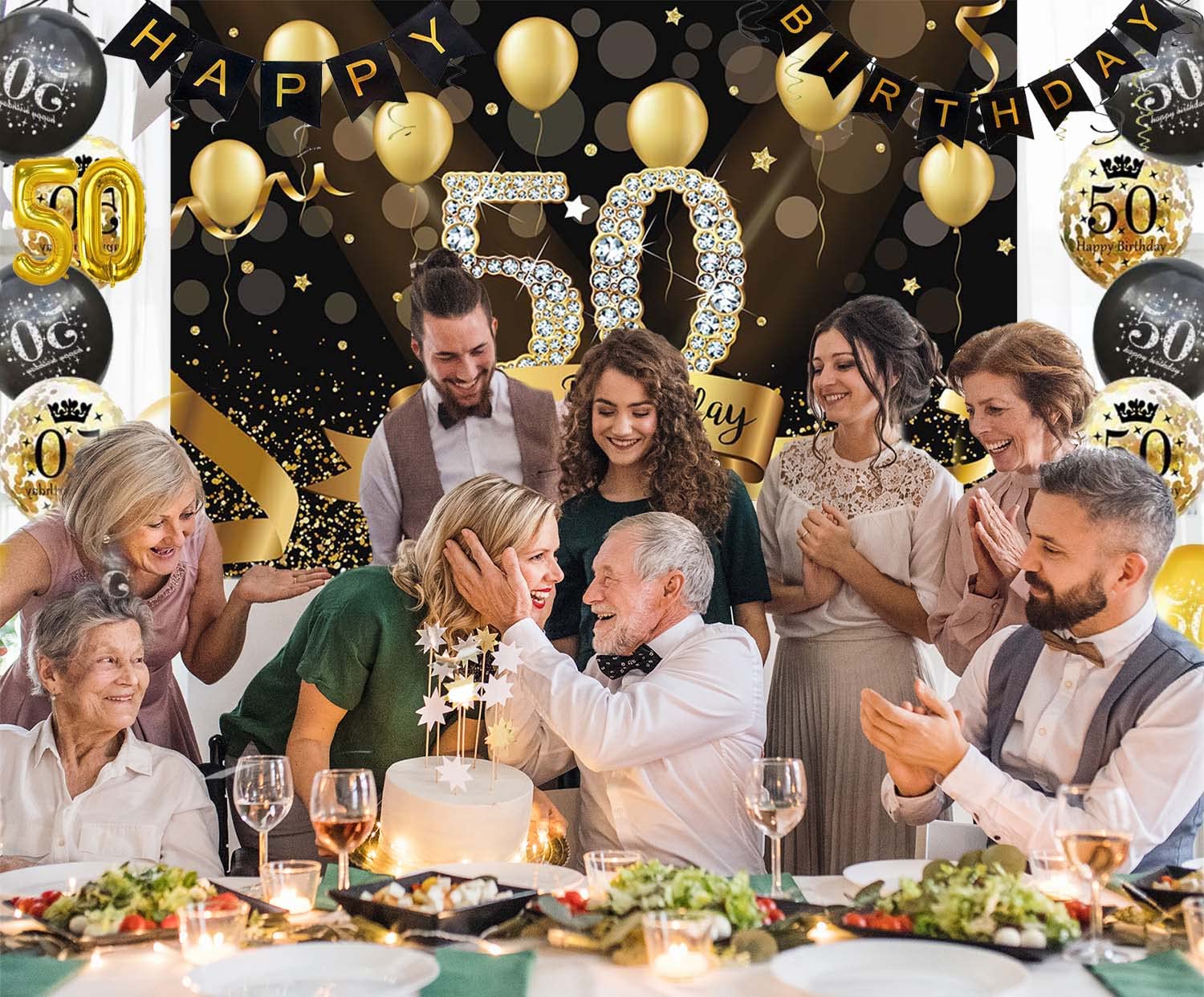 Sendy 7x5ft Happy 50th Birthday Backdrop - Black & Gold Photo Booth Banner for 50th Birthday Party Decorations & Anniversary Celebrations | Perfect for Milestone Birthdays, Photoshoots & Event Backdrops