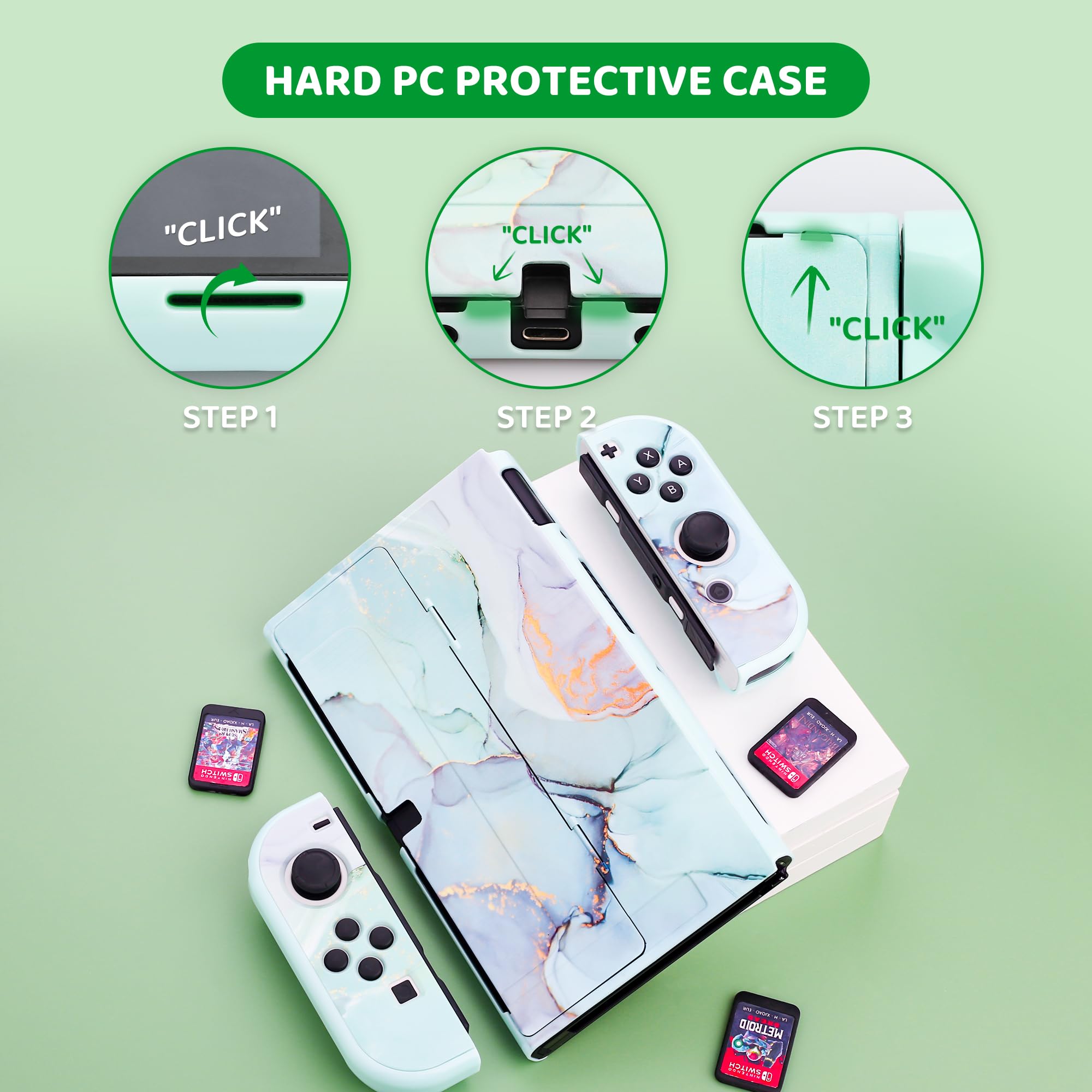 Premium Hard Shell Travel Case for Nintendo Switch OLED - Green Marble Protective Cover with Screen Protector, Adjustable Shoulder Strap & 2 Thumb Grips | Durable Portable Storage Solution for Gaming On-The-Go, Travel Protection & Home Organization