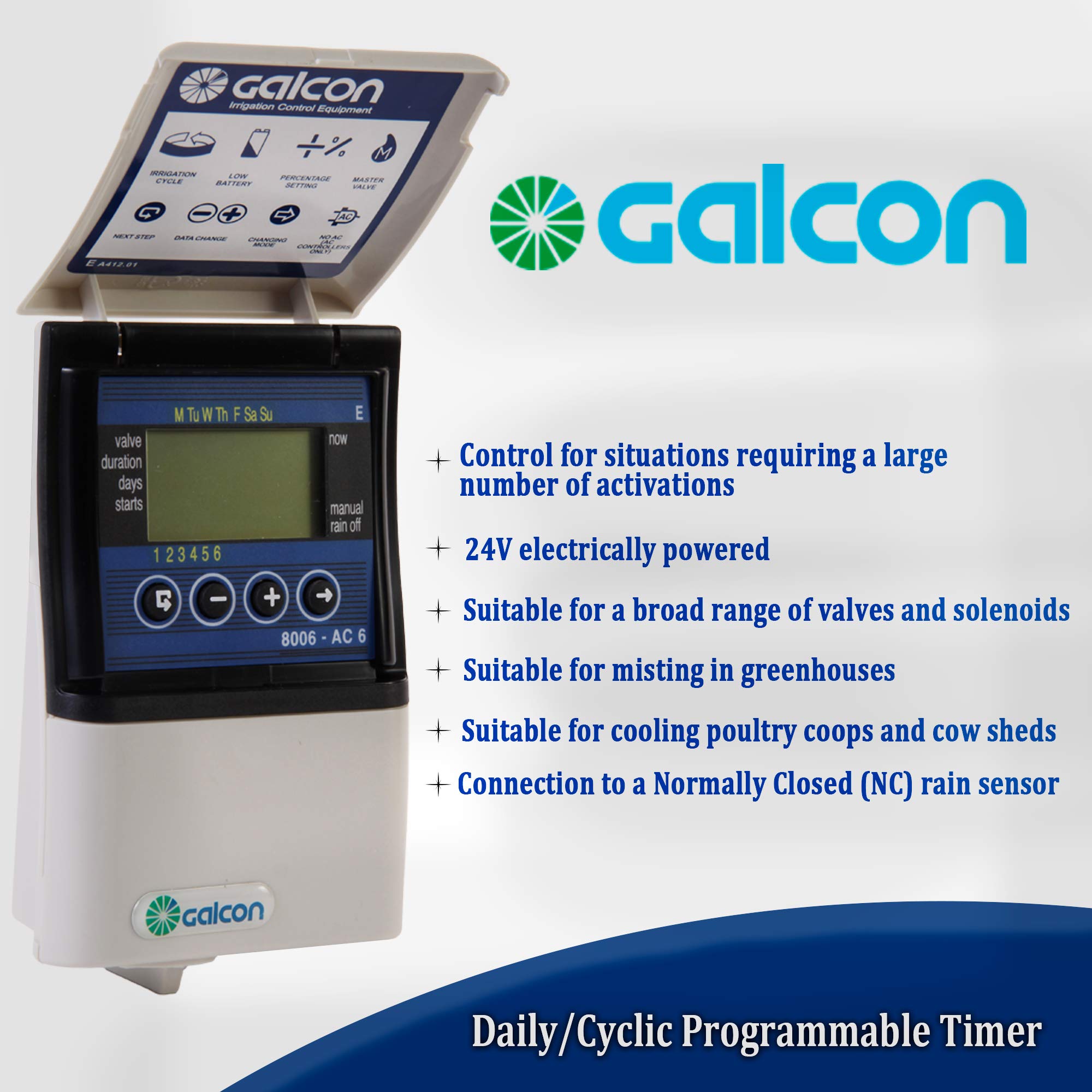 Galcon 8006 AC-6 6 Zone Automatic Sprinkler Controller - Programmable Irrigation Timer with Daily/Cyclic Settings for Lawn, Garden, Nursery & Greenhouse | Indoor Plant Watering System & Valve Box | Perfect for Residential Landscaping & Commercial Agriculture